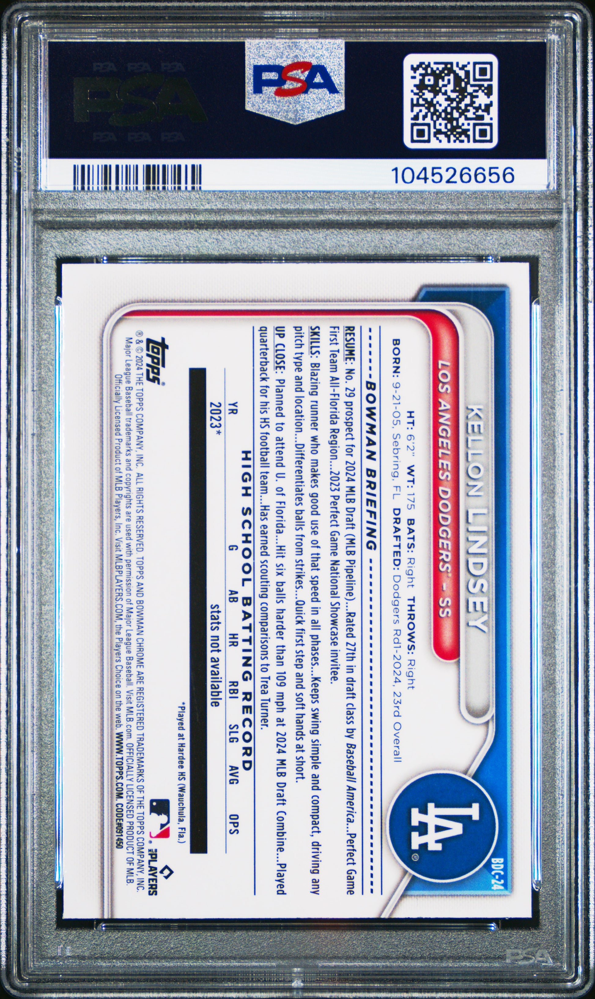 2024 Bowman Draft #BDC24 Kellon Lindsey Chrome PSA 10