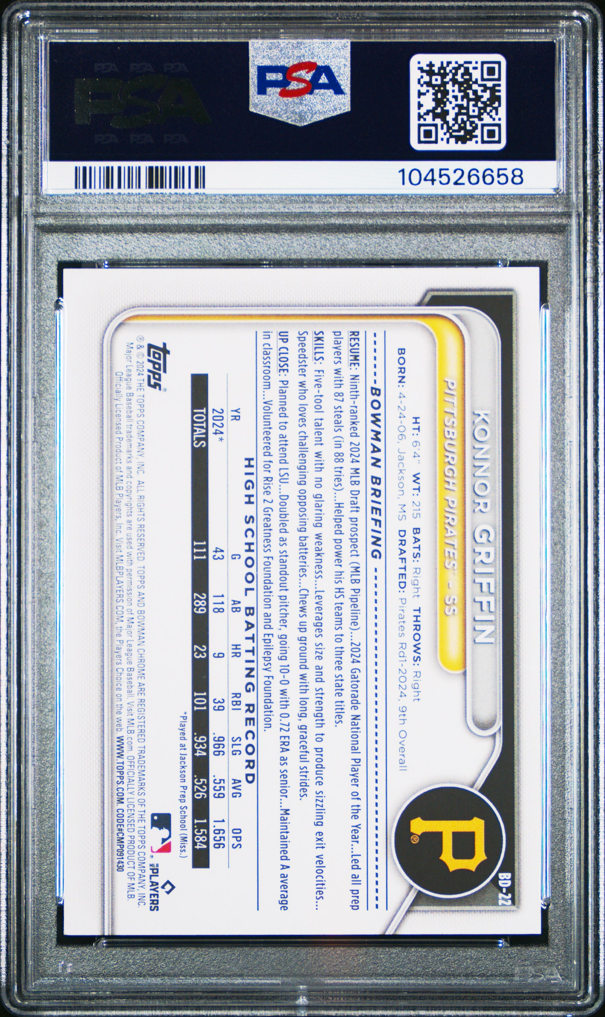 2024 Bowman Draft #BD22 Konnor Griffin PSA 10