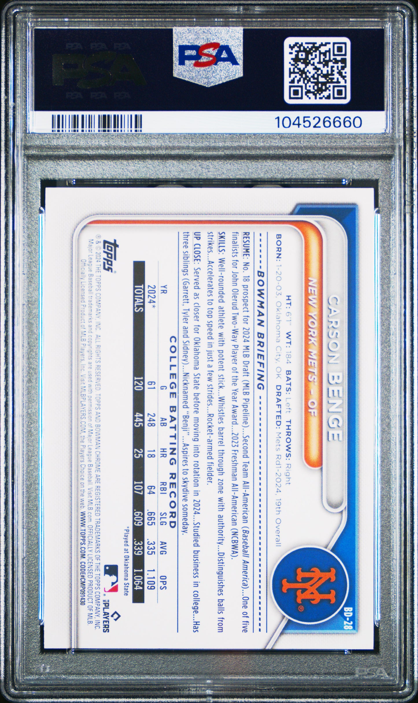 2024 Bowman Draft #BD28 Carson Benge PSA 10