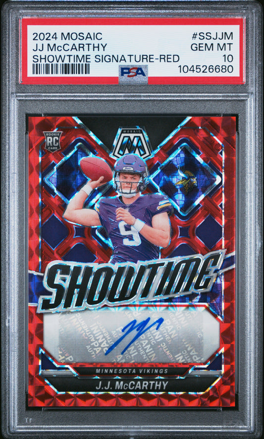 2024 Panini Mosaic Showtime Signatures #SSJJM JJ Mccarthy Red/199 PSA 10