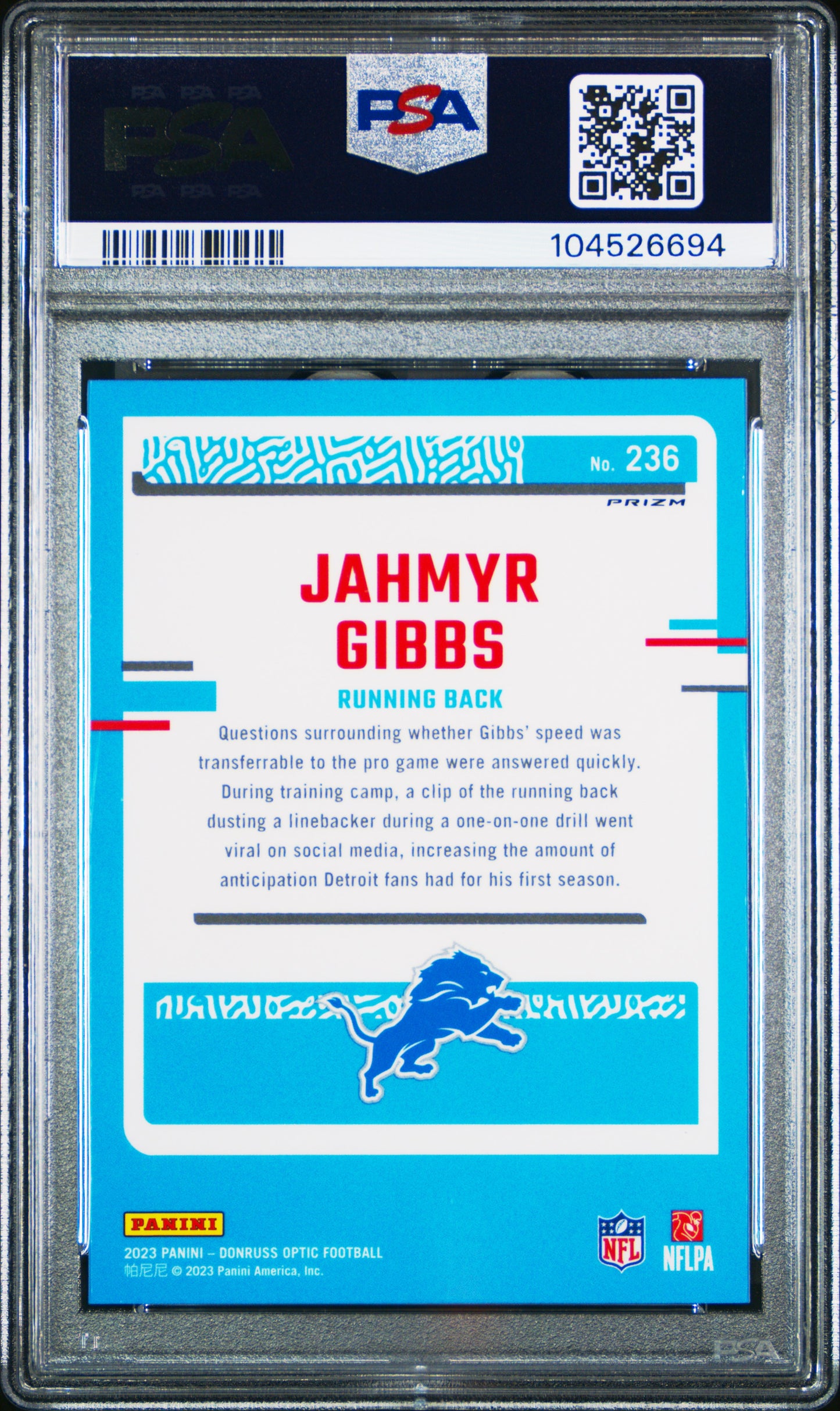 2023 Panini Donruss Optic #236 Jahmyr Gibbs Holo PSA 9
