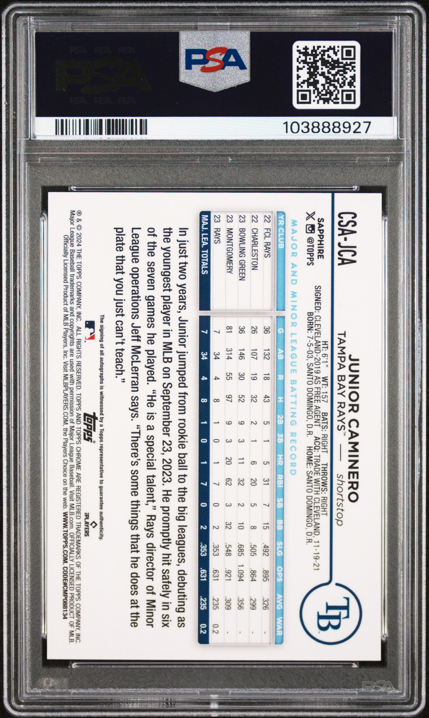 2024 Topps Chrome Sapphire Autographs #CSAJCA Junior Caminero PSA 10