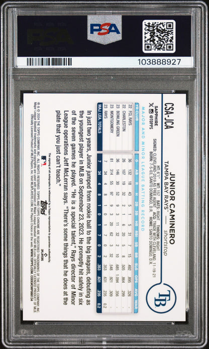 2024 Topps Chrome Sapphire Autographs #CSAJCA Junior Caminero PSA 10