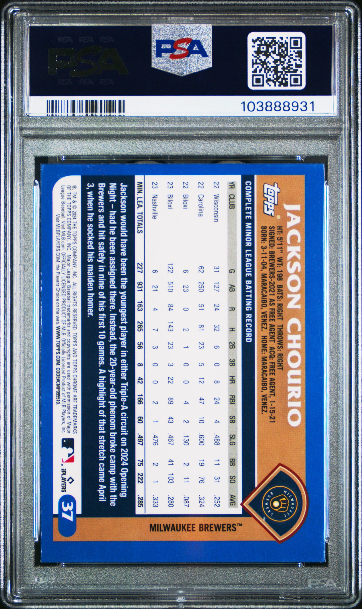 2024 Topps Chrome Lids #37 Jackson Chourio PSA 9