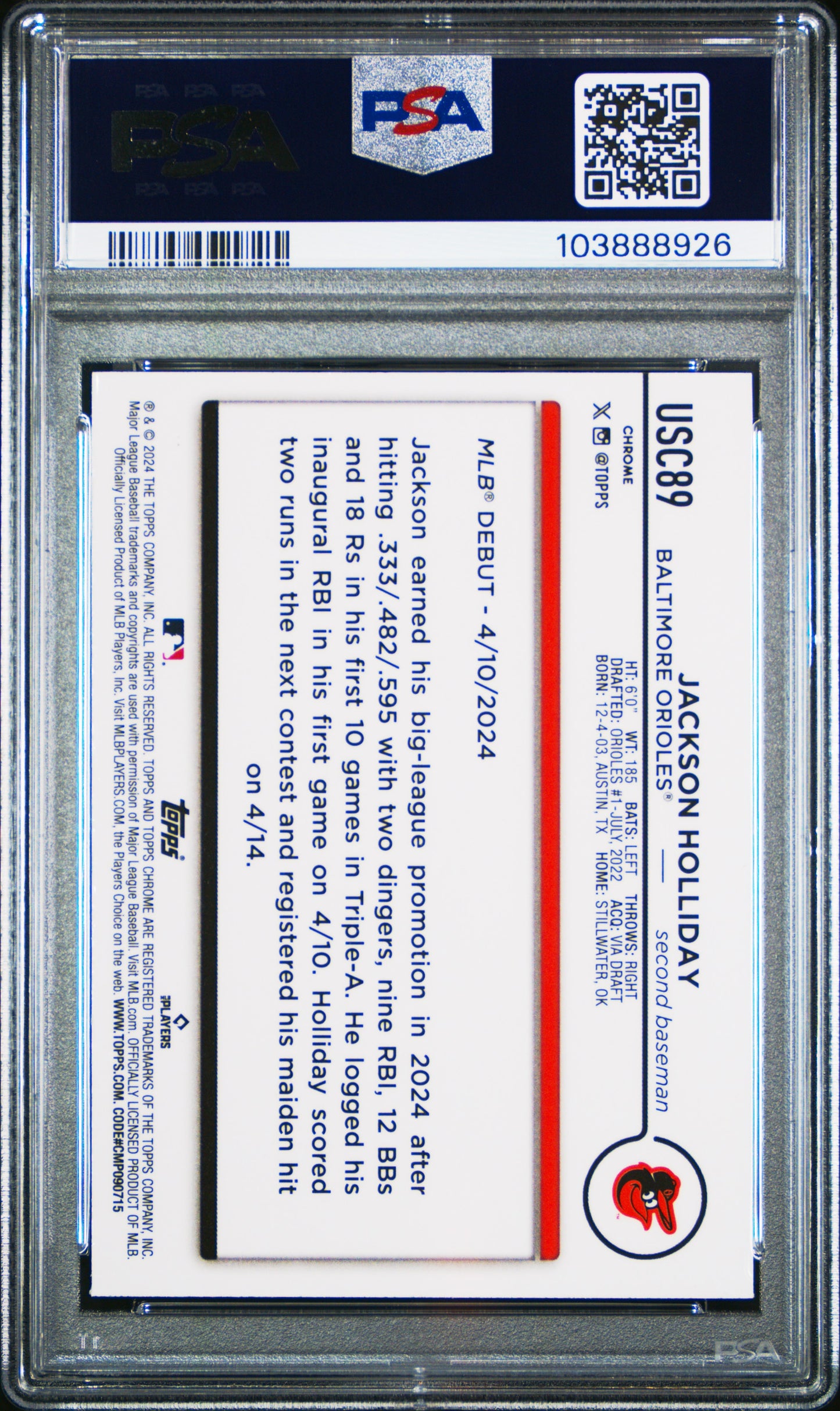 2024 Topps Chrome Update #USC89 Jackson Holliday Gold Mini Diamond Ref PSA 9
