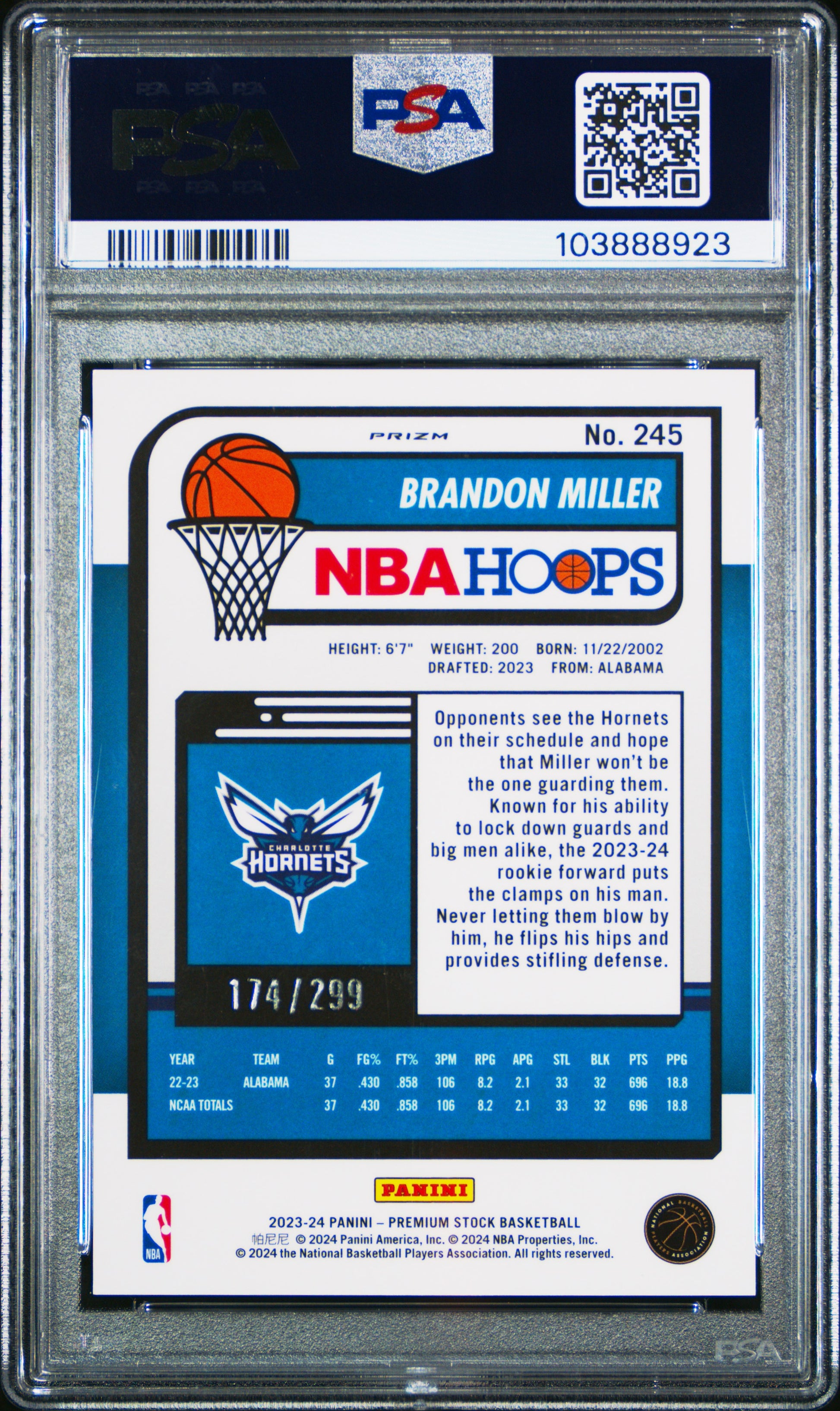 2023 Panini Hoops Premium Stock #245 Brandon Miller Orange Prizm PSA 9