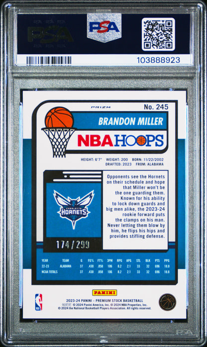 2023 Panini Hoops Premium Stock #245 Brandon Miller Orange Prizm PSA 9