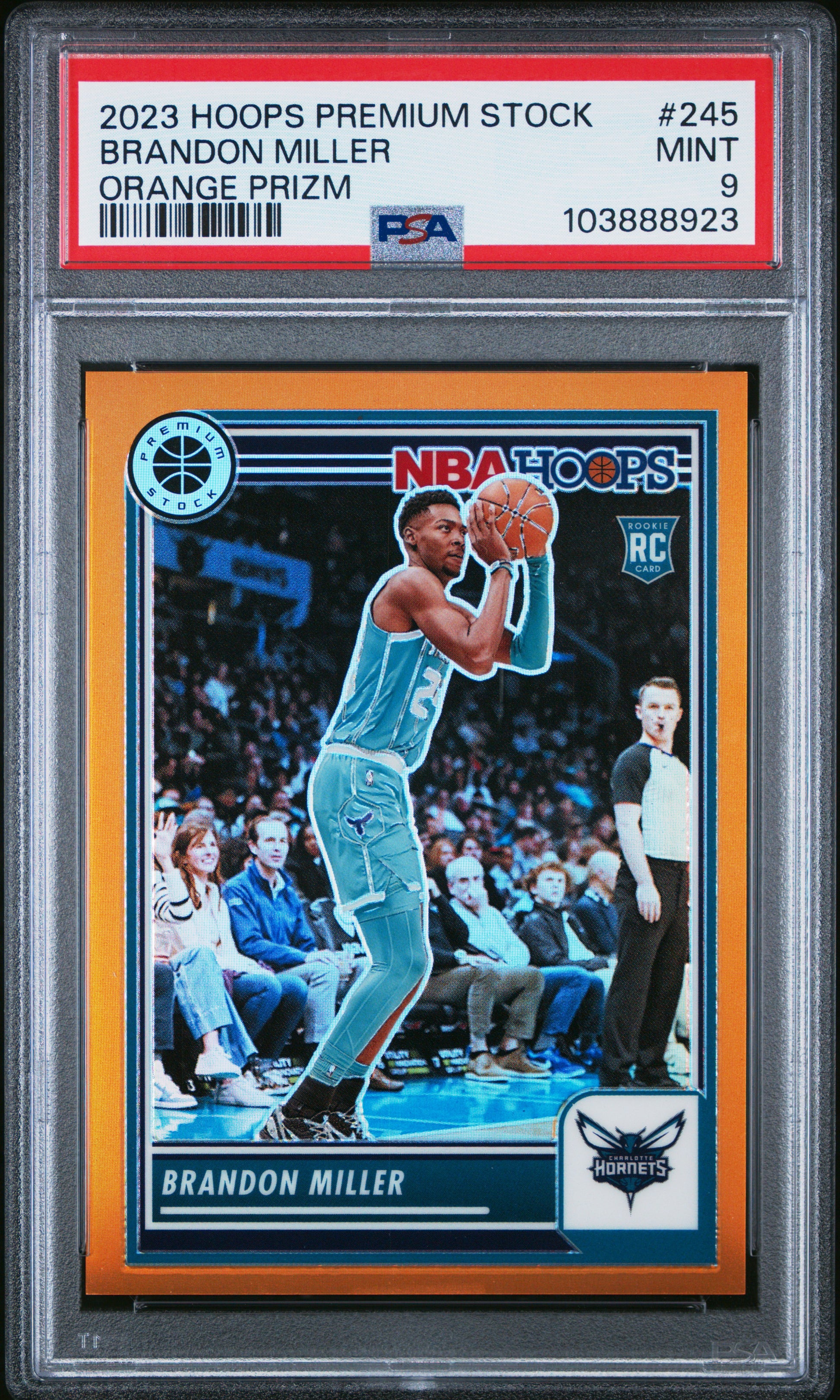 2023 Panini Hoops Premium Stock #245 Brandon Miller Orange Prizm PSA 9