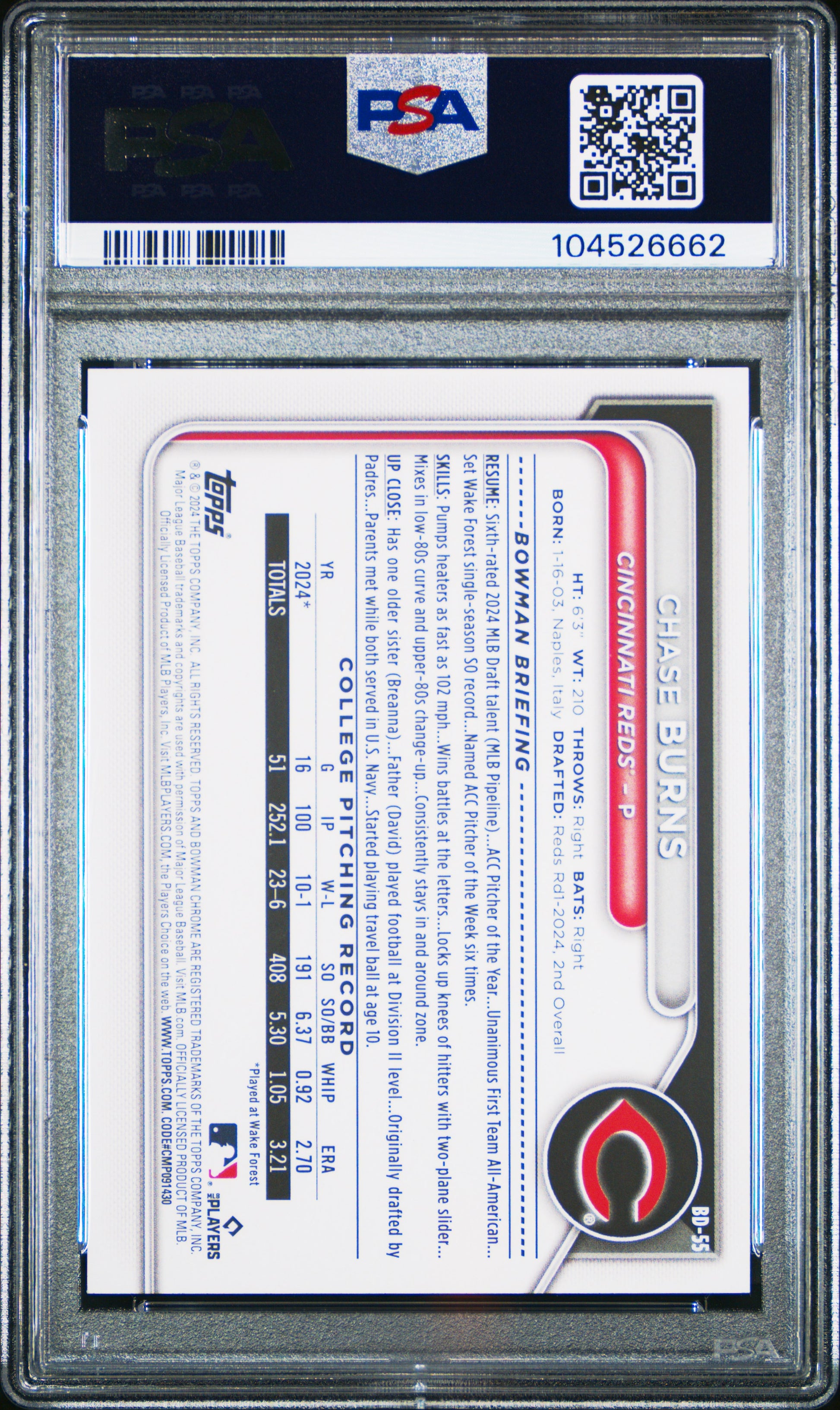 2024 Bowman Draft #BD55 Chase Burns PSA 10