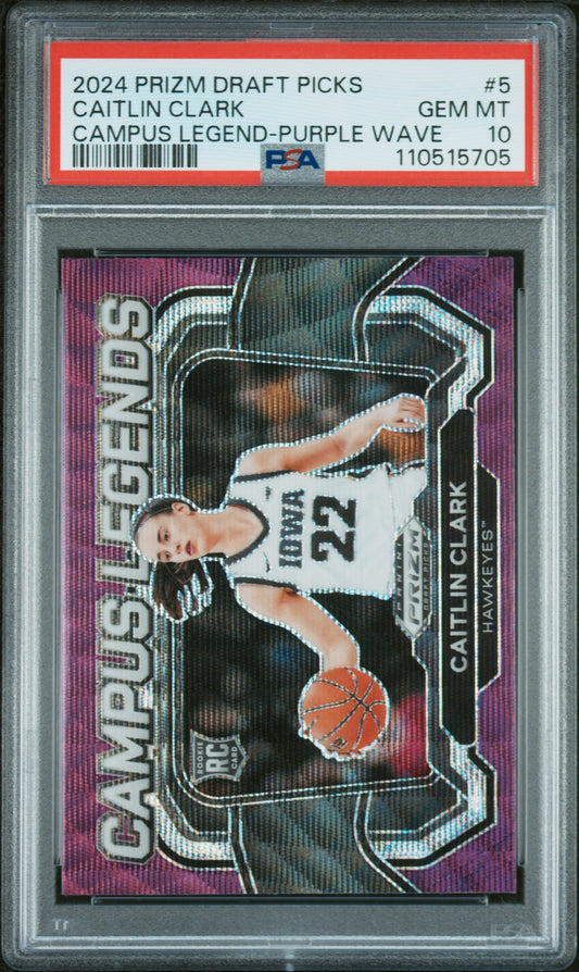 2024 Panini Prizm Draft Picks Campus Legends #5 Caitlin Clark-Purple Wave PSA 10