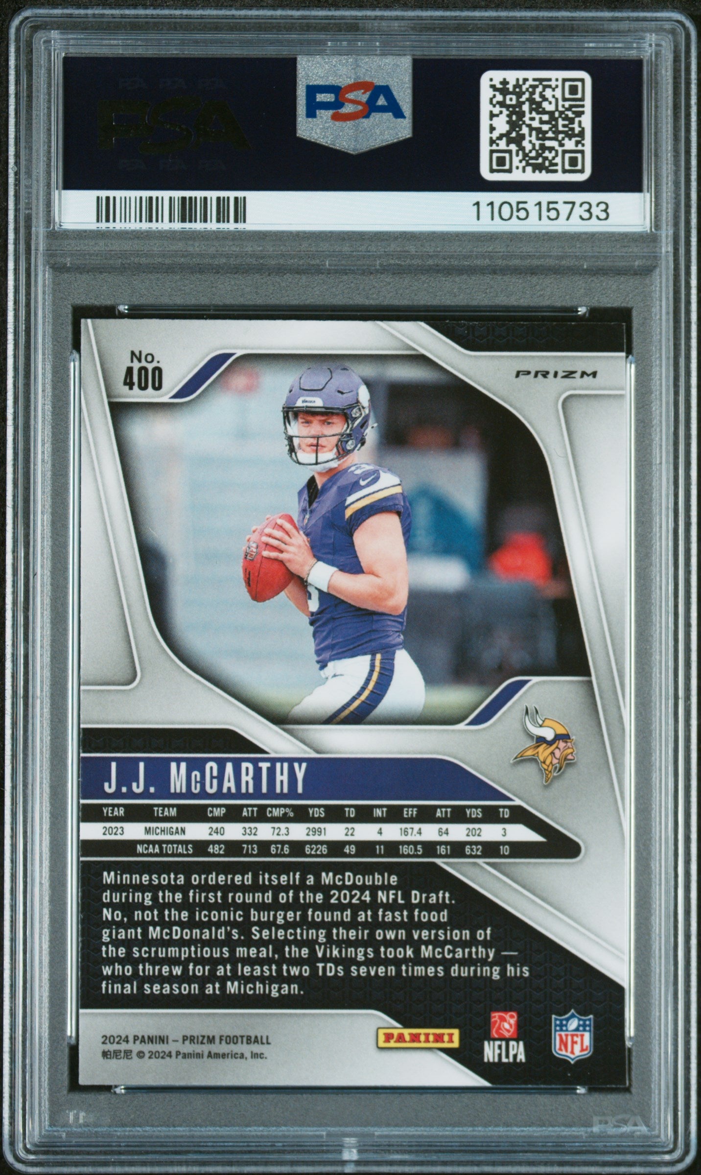 2024 Panini Prizm #400 Jj Mccarthy Silver Prizm PSA 10