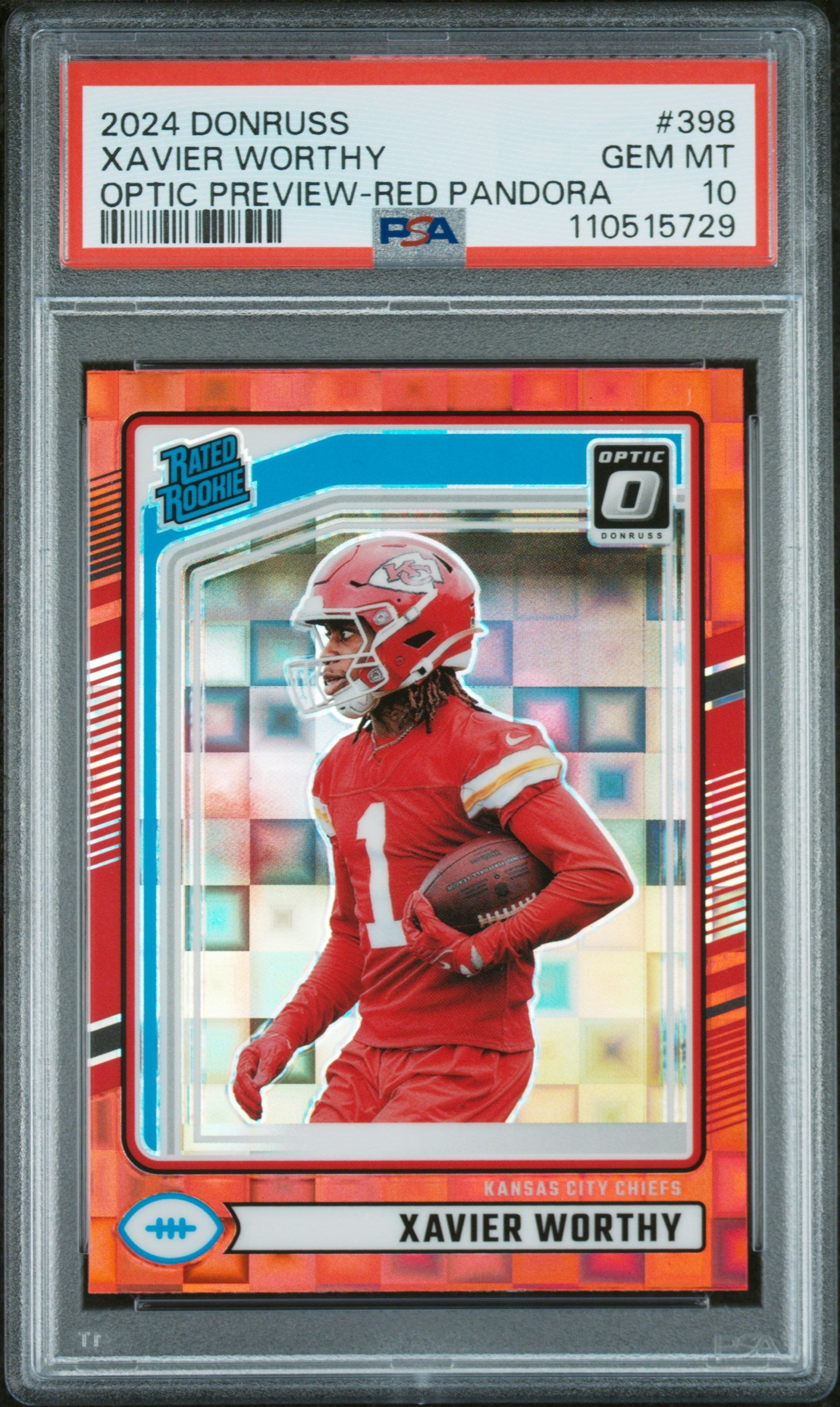 2024 Panini Donruss #398 Xavier Worthy Optic Preview-Red Pandora PSA 10