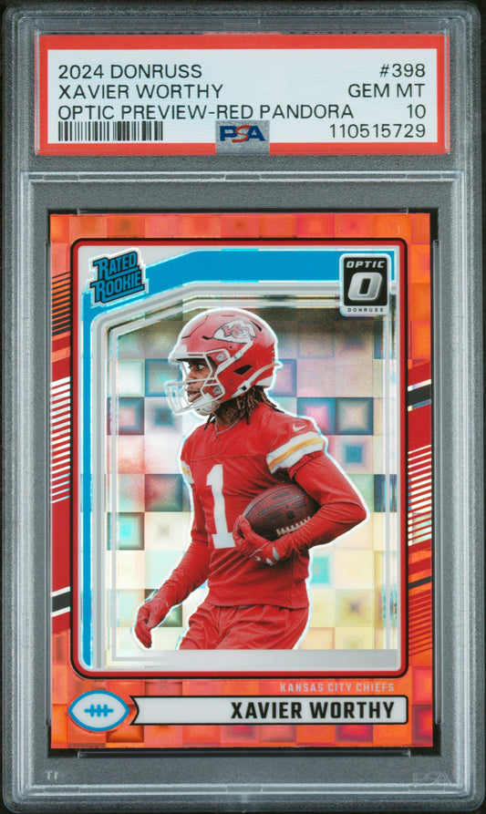 2024 Panini Donruss #398 Xavier Worthy Optic Preview-Red Pandora PSA 10