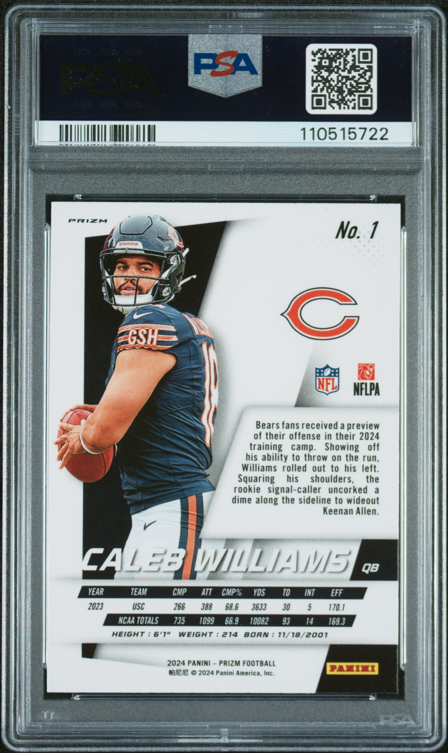 2024 Panini Prizm Prizm Flashback Rookie #1 Caleb Williams-No Huddle PSA 10