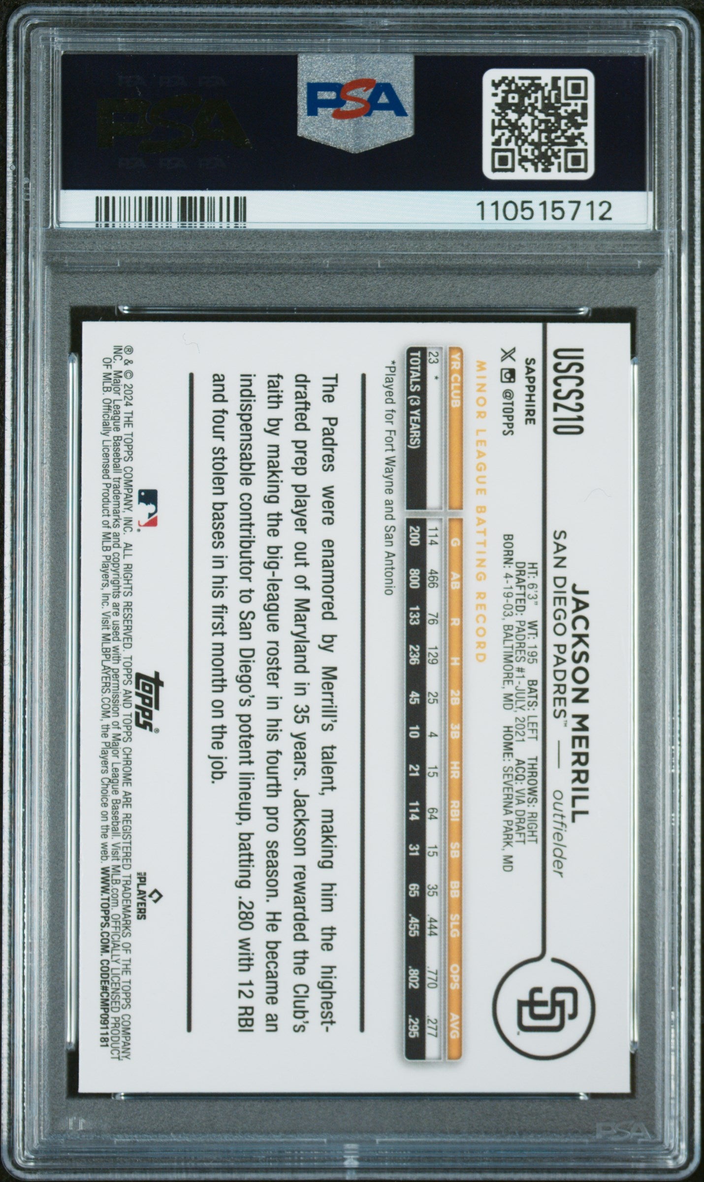 2024 Topps Chrome Sapphire Update Series #210 Jackson Merrill PSA 10