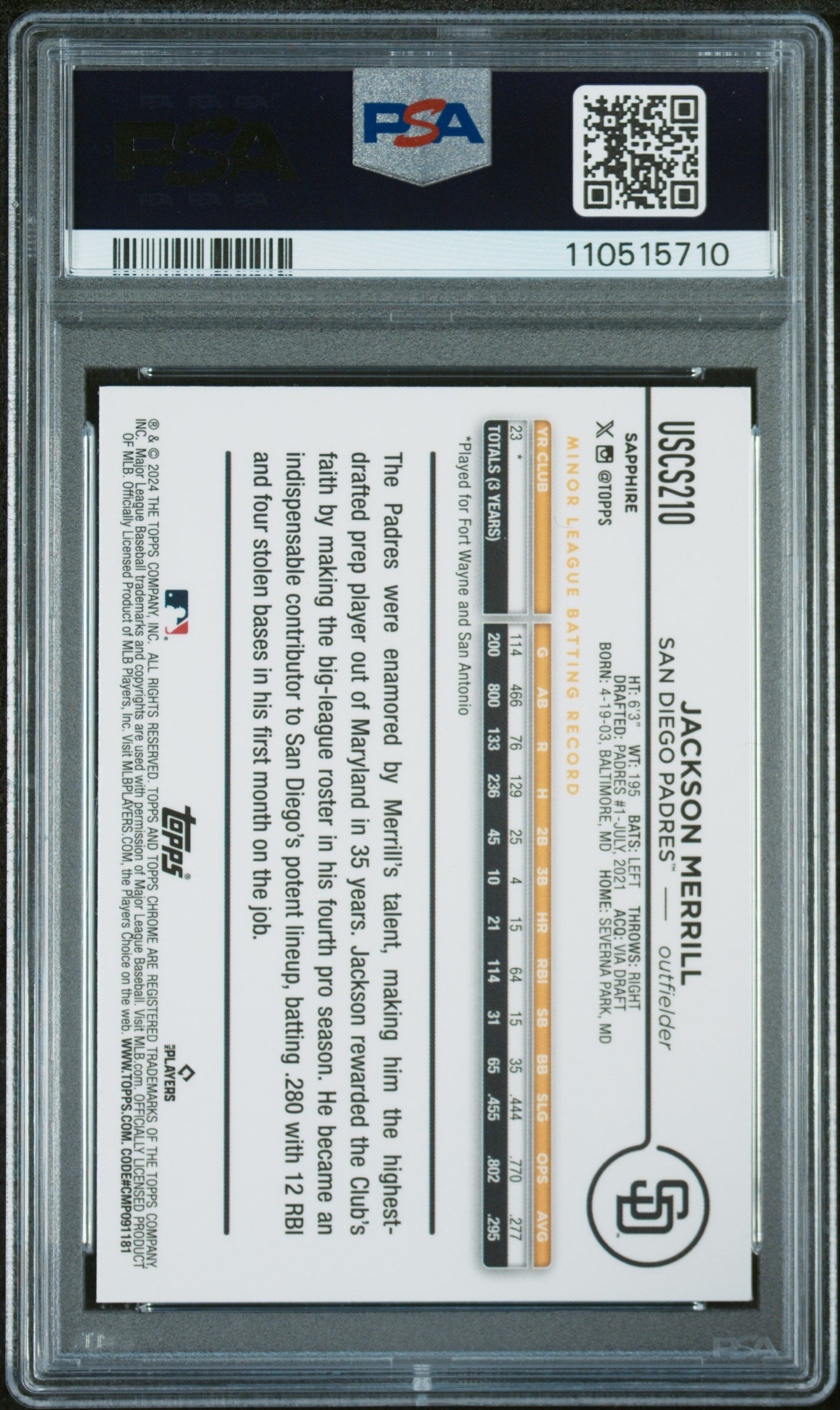 2024 Topps Chrome Sapphire Update Series #210 Jackson Merrill PSA 10