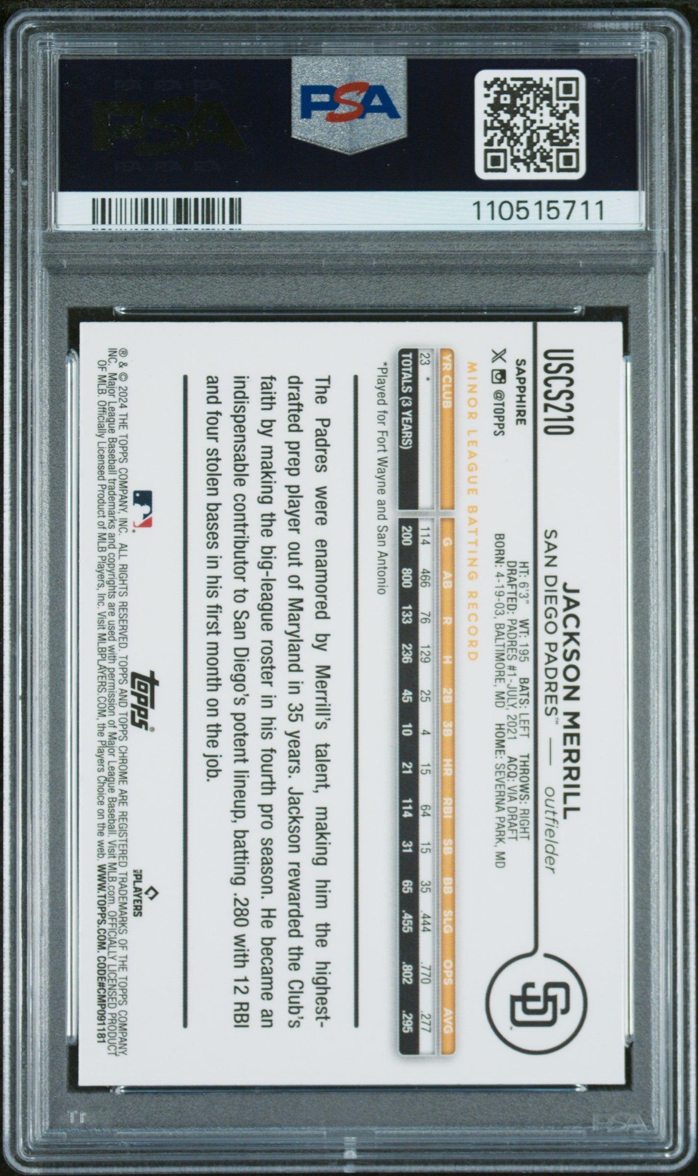 2024 Topps Chrome Sapphire Update Series #210 Jackson Merrill PSA 10