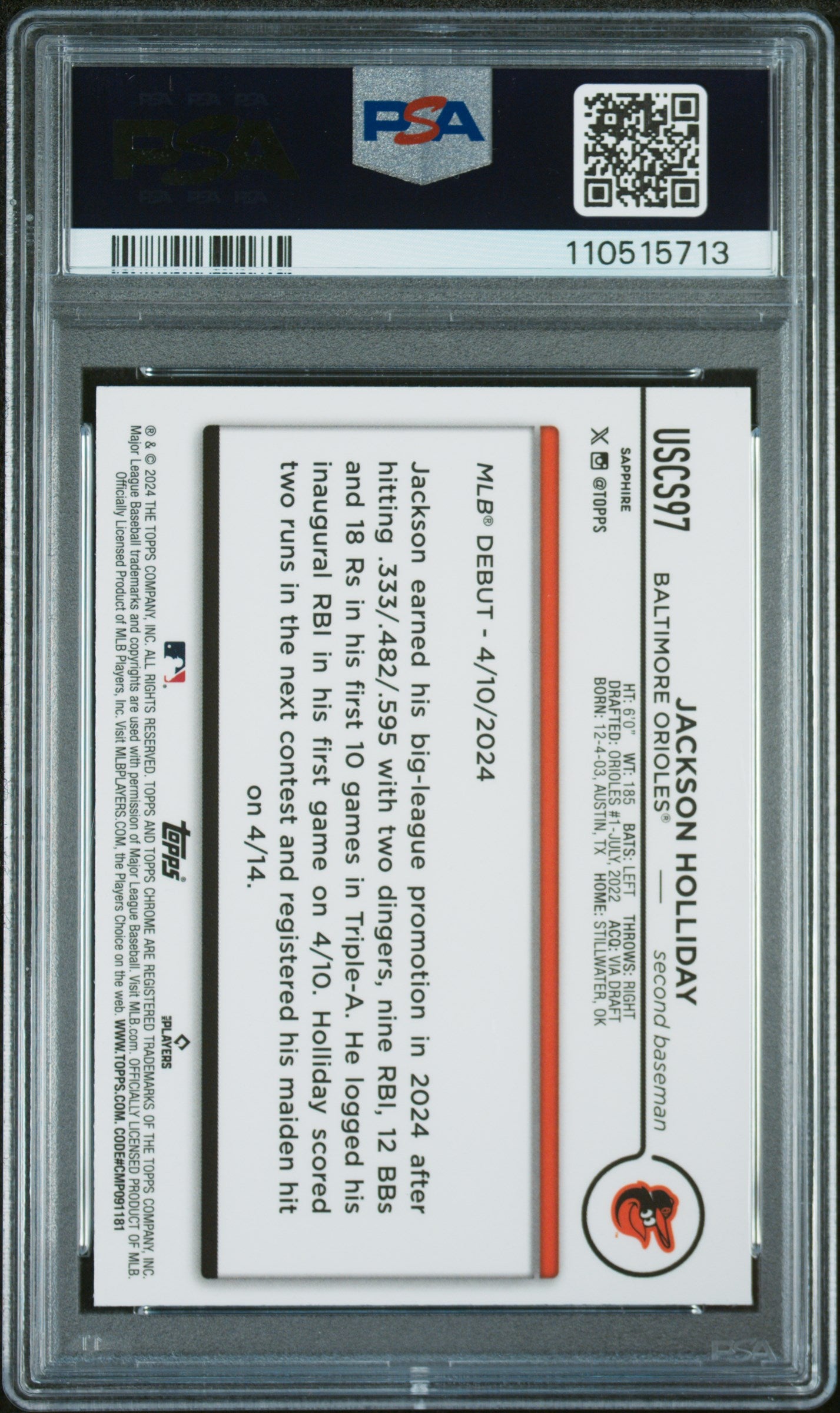 2024 Topps Chrome Sapphire Update Series #97 Jackson Holliday PSA 10