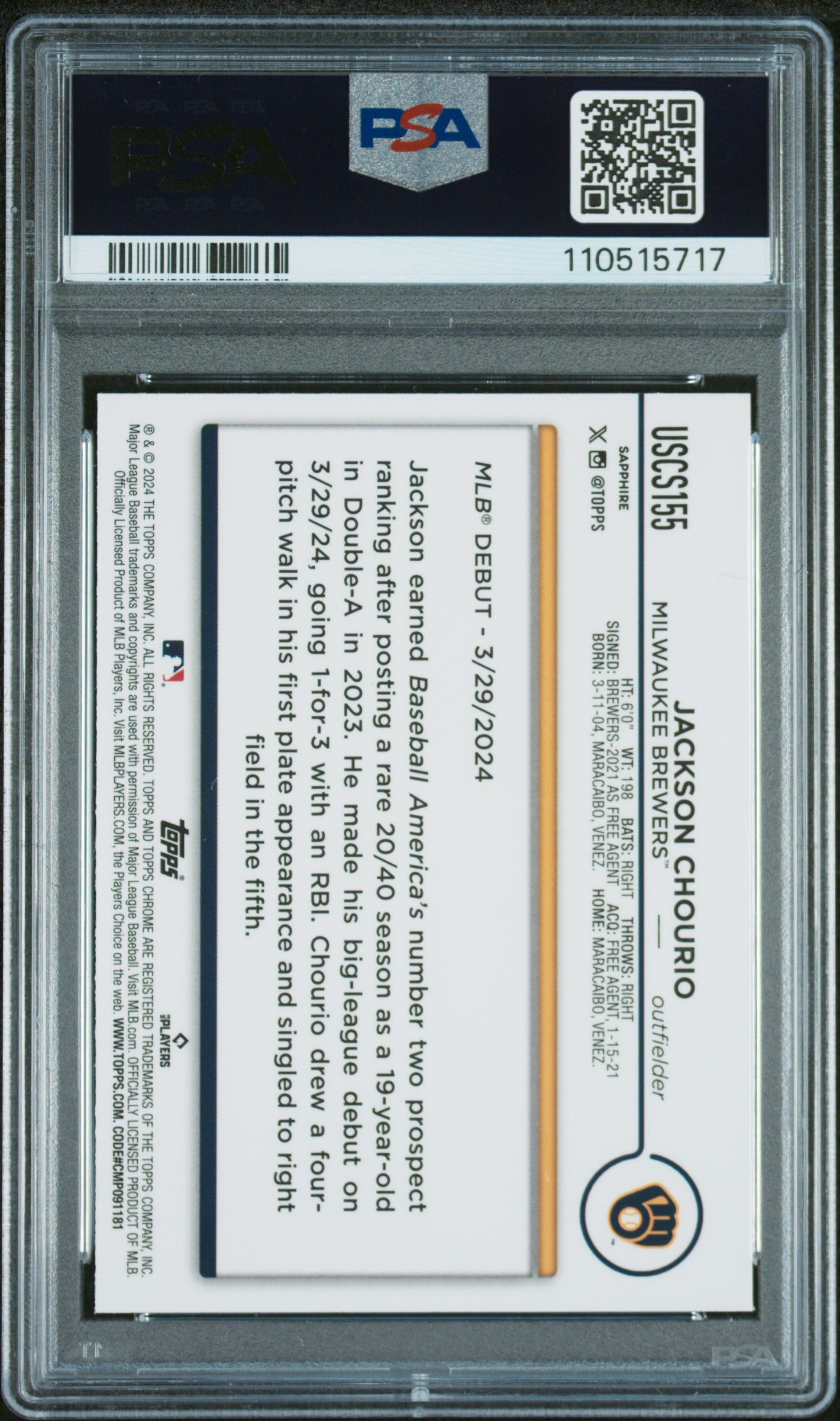 2024 Topps Chrome Sapphire Update Series #155 Jackson Chourio PSA 9