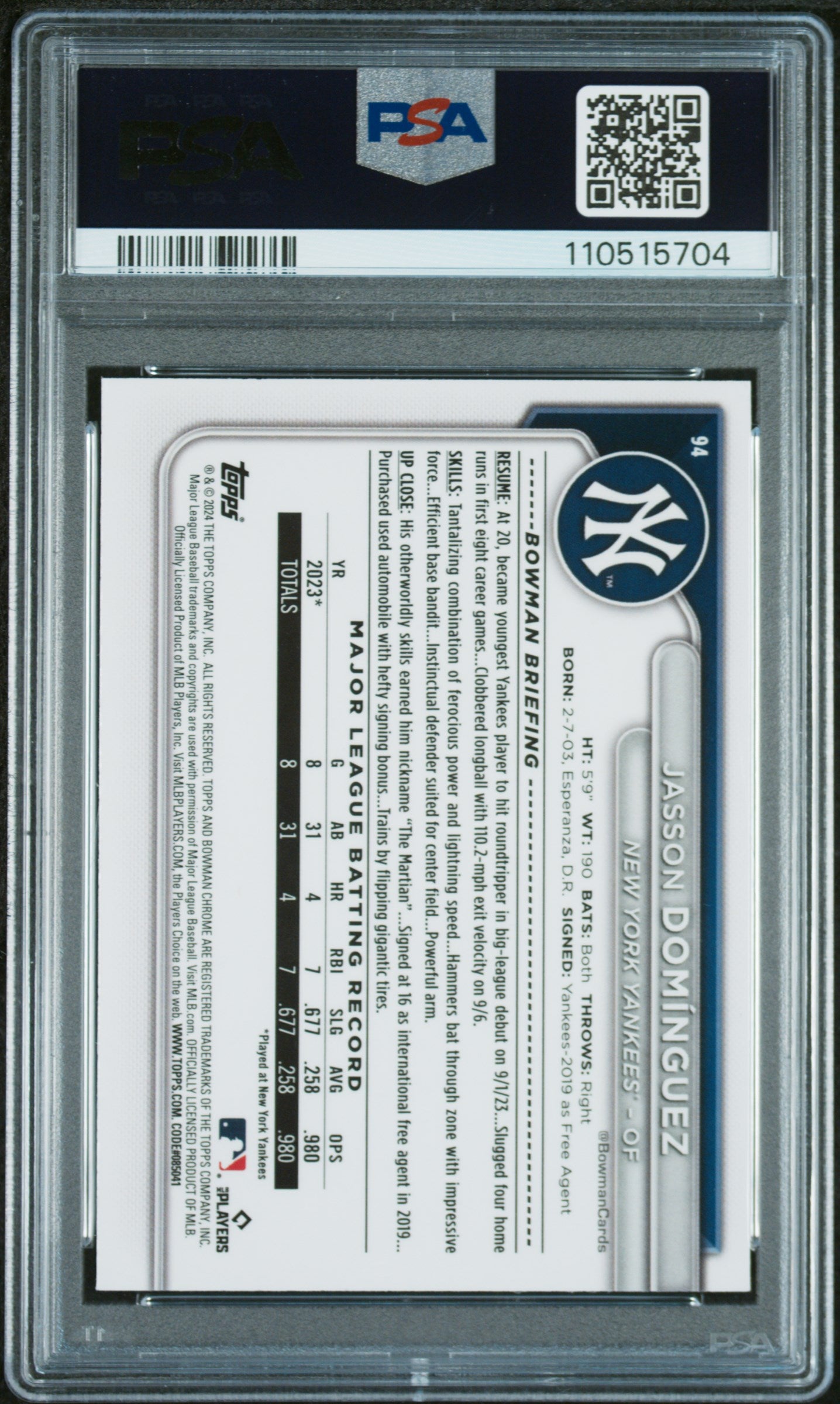 2024 Bowman Chrome #94 Jasson Dominguez Aqua Raywave PSA 9