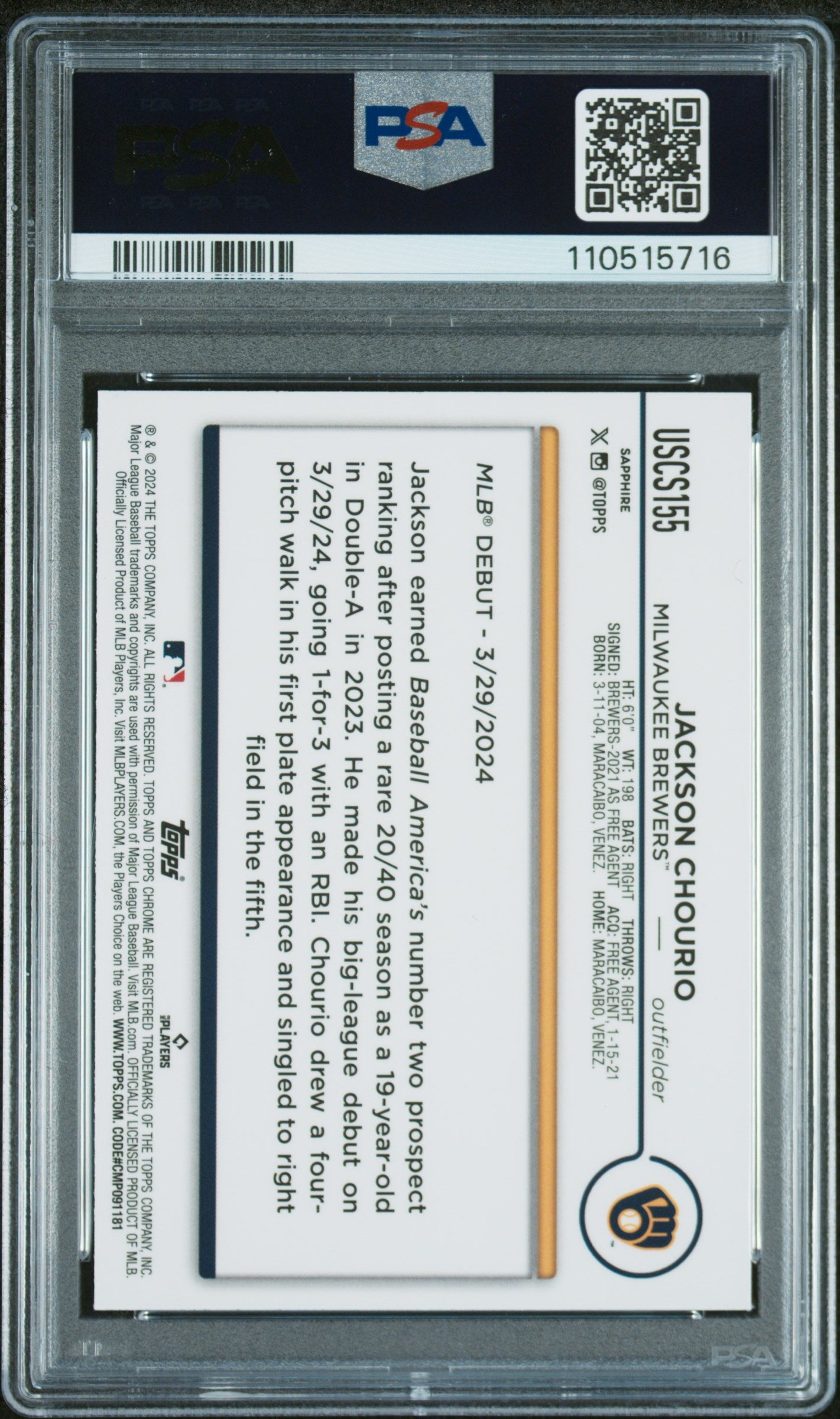 2024 Topps Chrome Sapphire Update Series #155 Jackson Chourio PSA 8