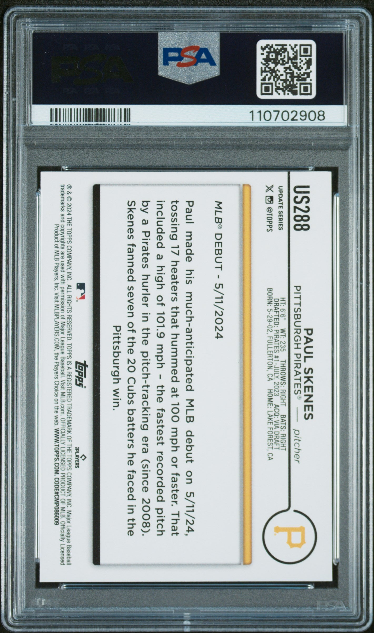 2024 Topps Update #US288 Paul Skenes PSA 9