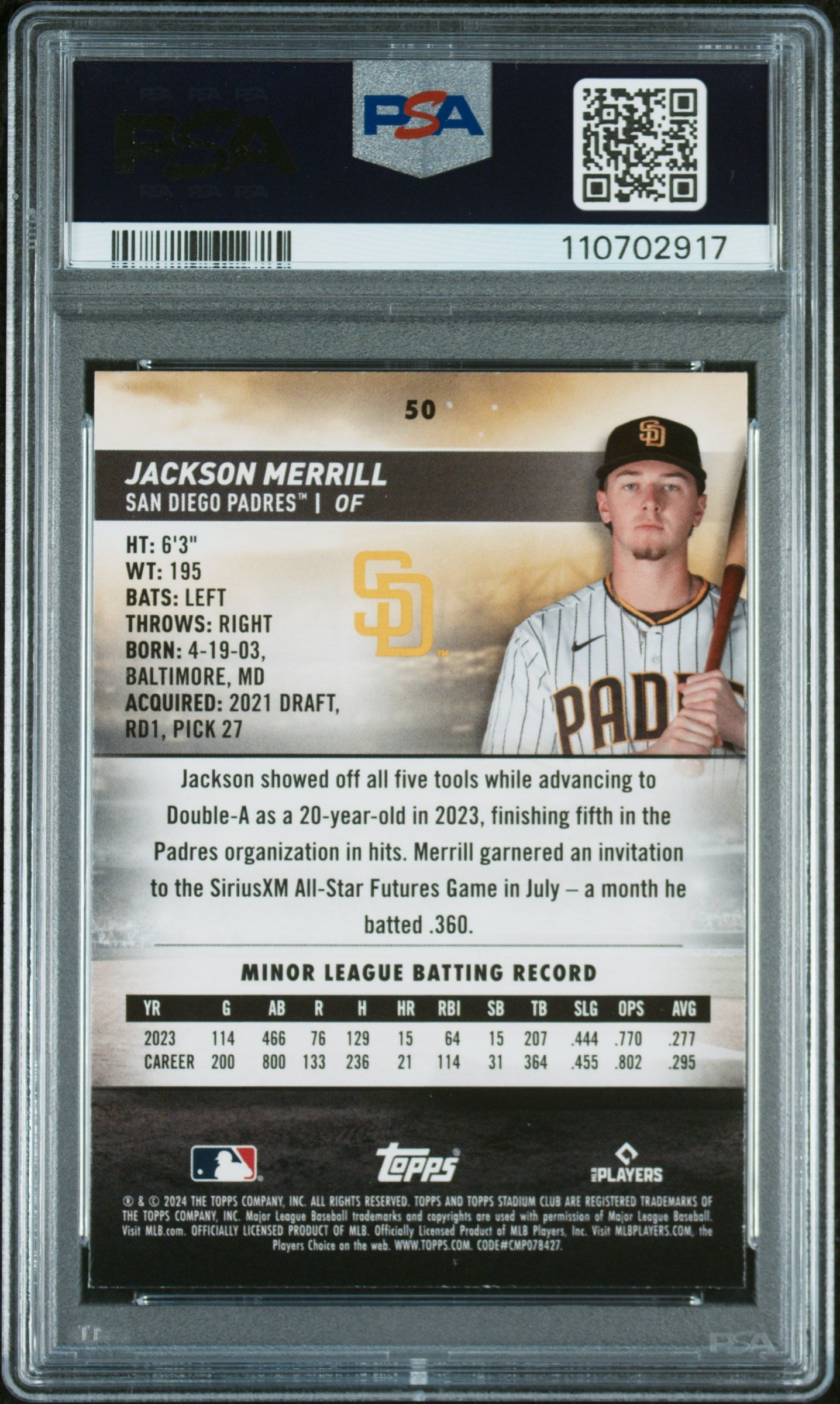 2024 Topps Stadium Club #50 Jackson Merrill PSA 9