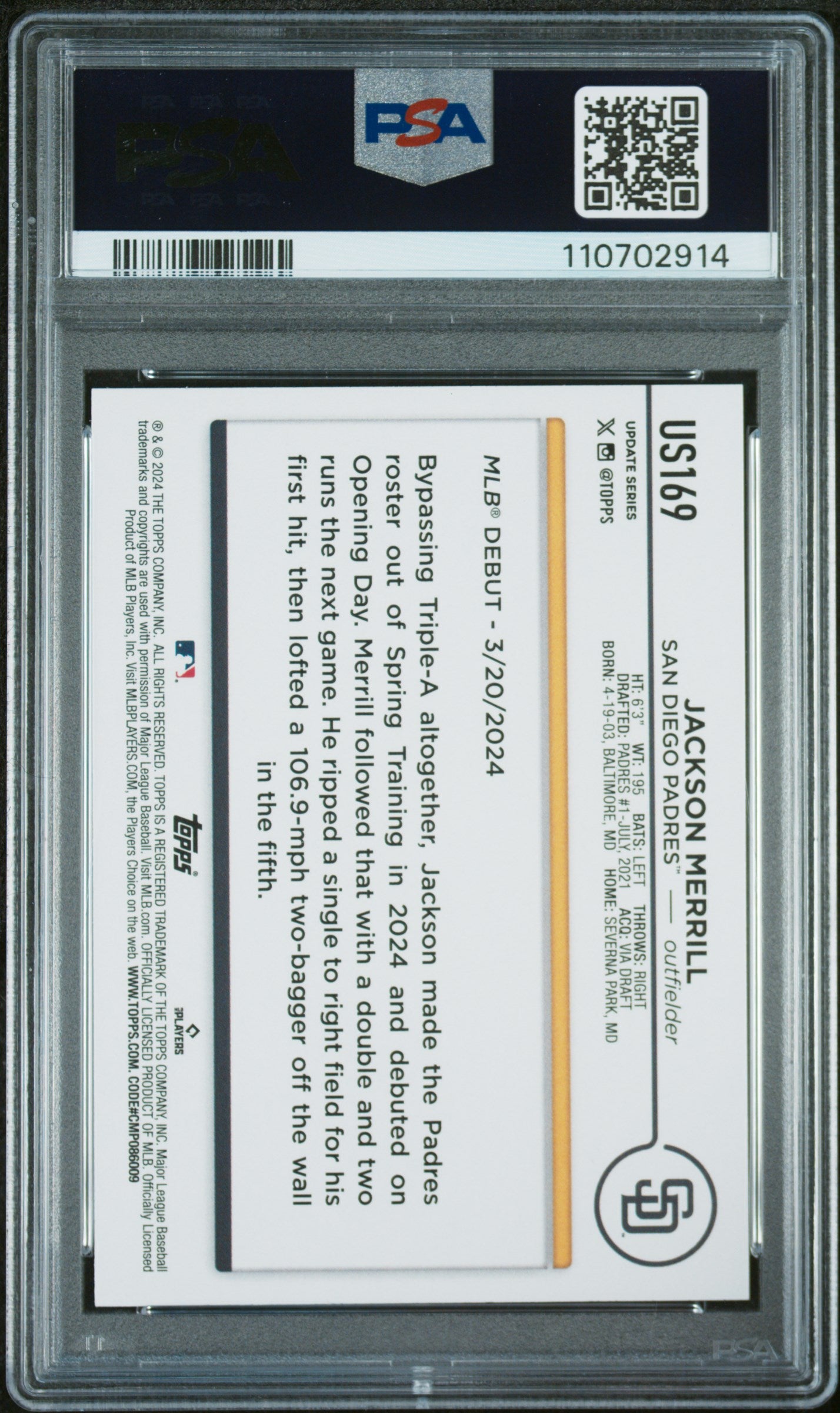 2024 Topps Update #US169 Jackson Merrill PSA 9