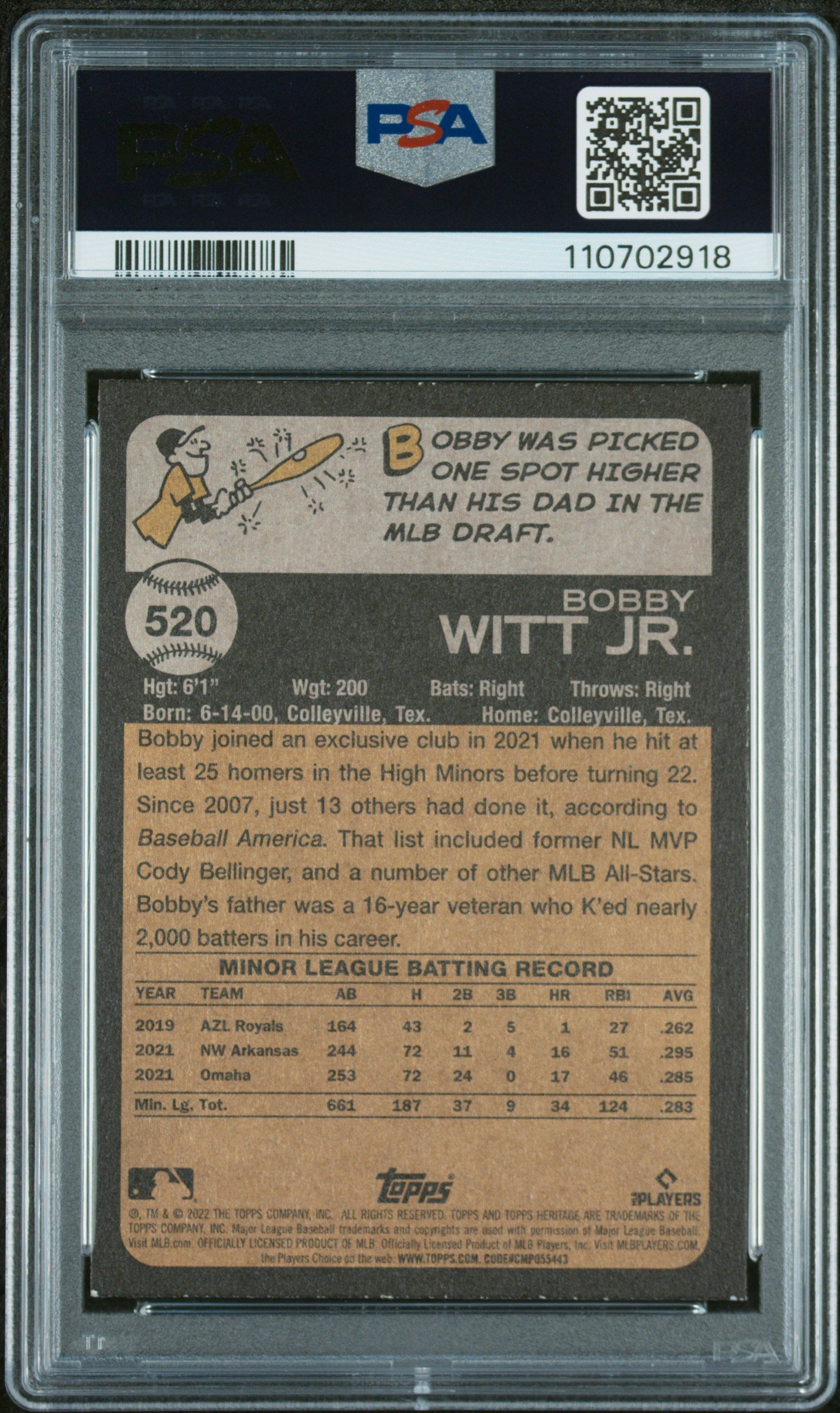 2022 Topps Heritage #520 Bobby Witt Jr. PSA 9