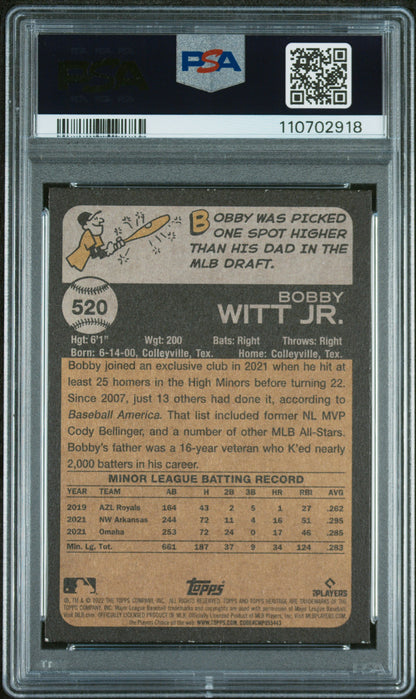 2022 Topps Heritage #520 Bobby Witt Jr. PSA 9