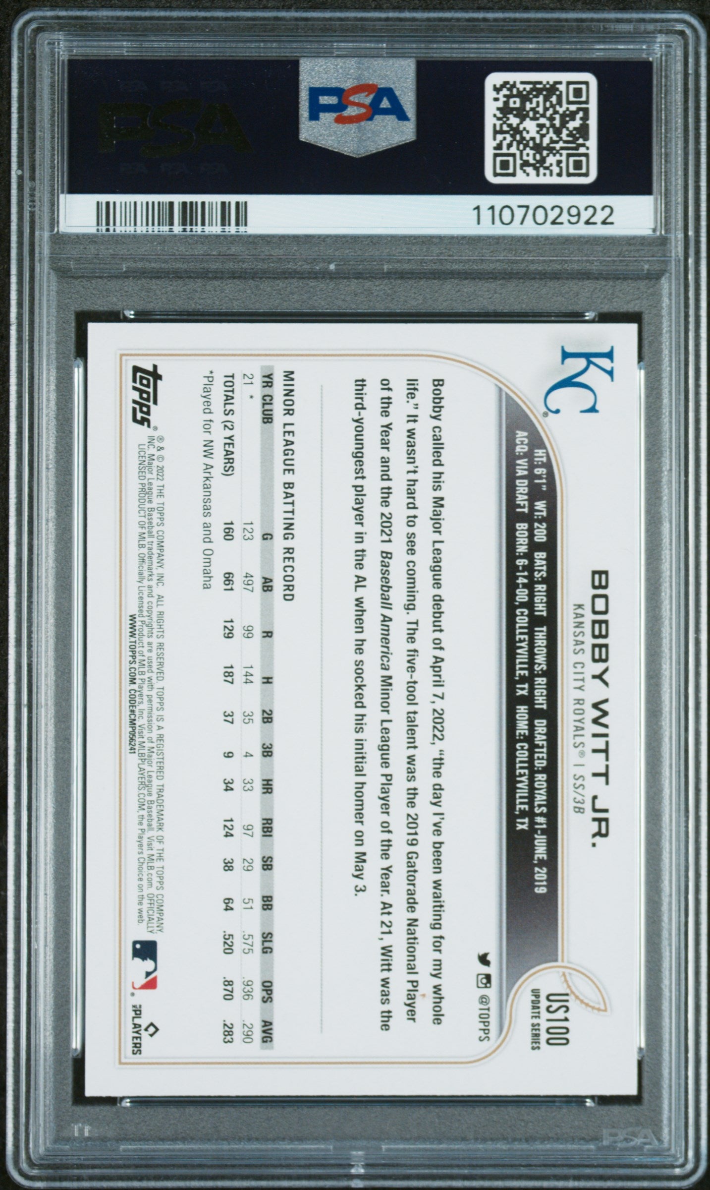 2022 Topps Update #US100 Bobby Witt Jr. PSA 10