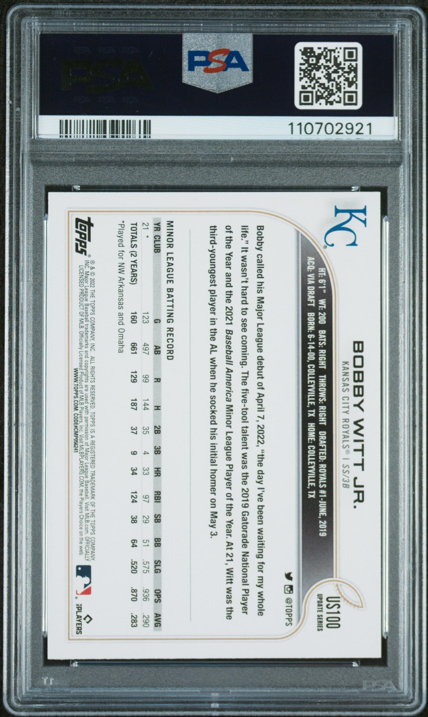 2022 Topps Update #US100 Bobby Witt Jr. PSA 10