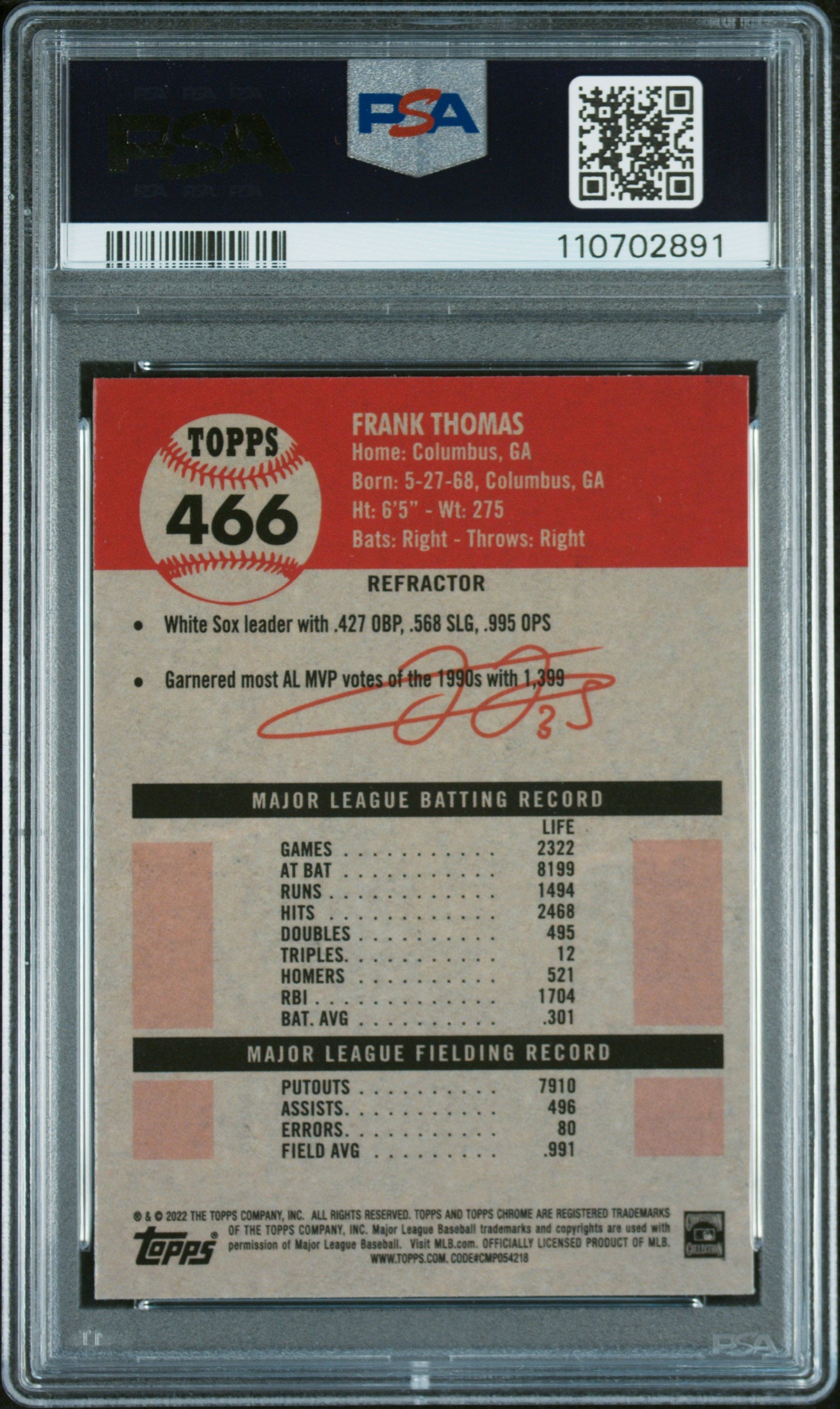 2022 Topps Chrome Platinum Anniversary #466 Frank Thomas Refractor PSA 8