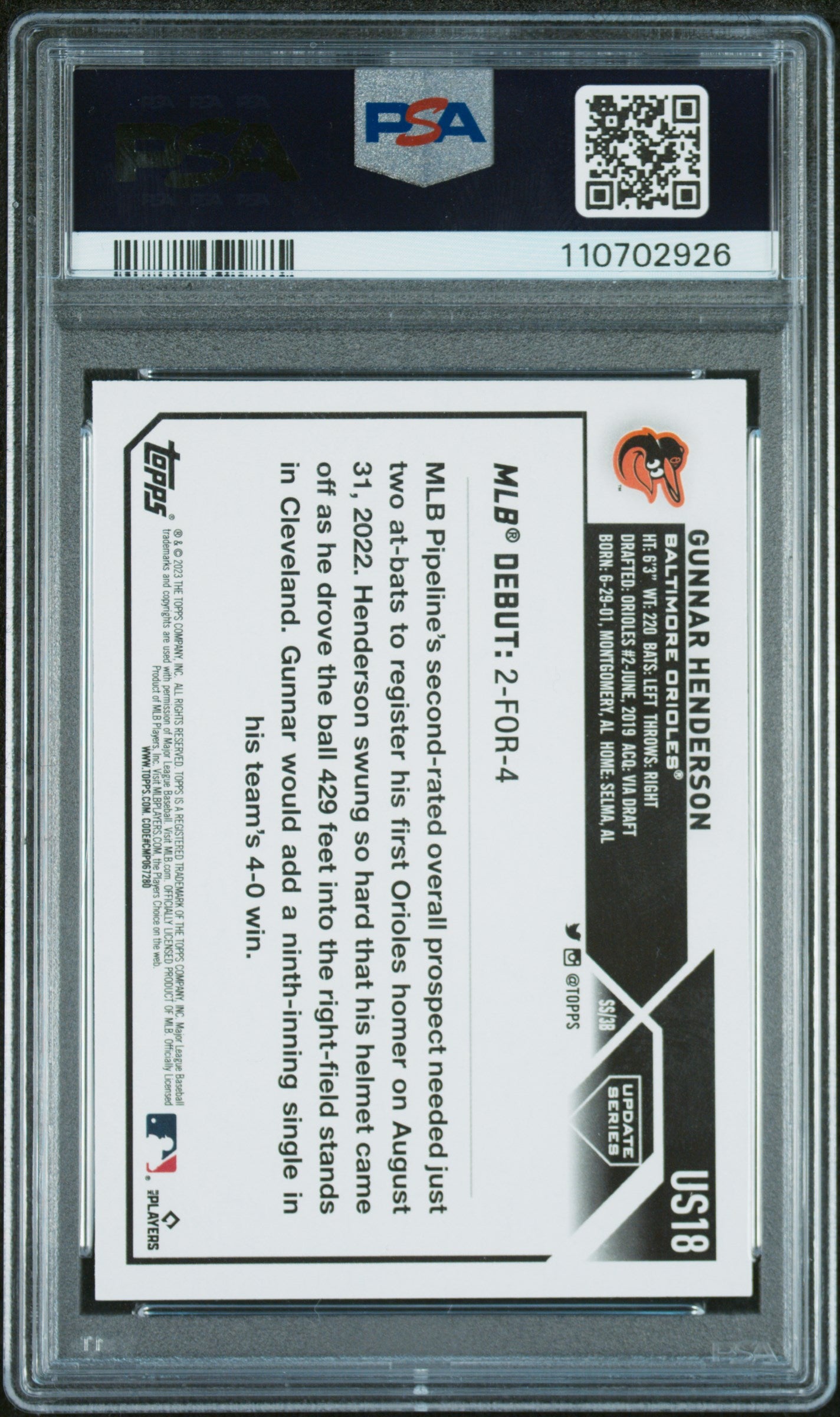 2023 Topps Update #US18 Gunnar Henderson PSA 10