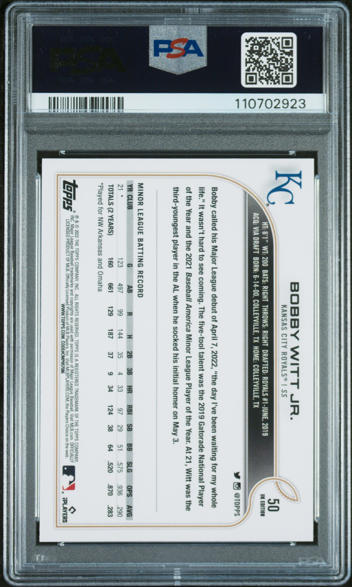 2022 Topps Uk Edition #50 Bobby Witt Jr. PSA 10