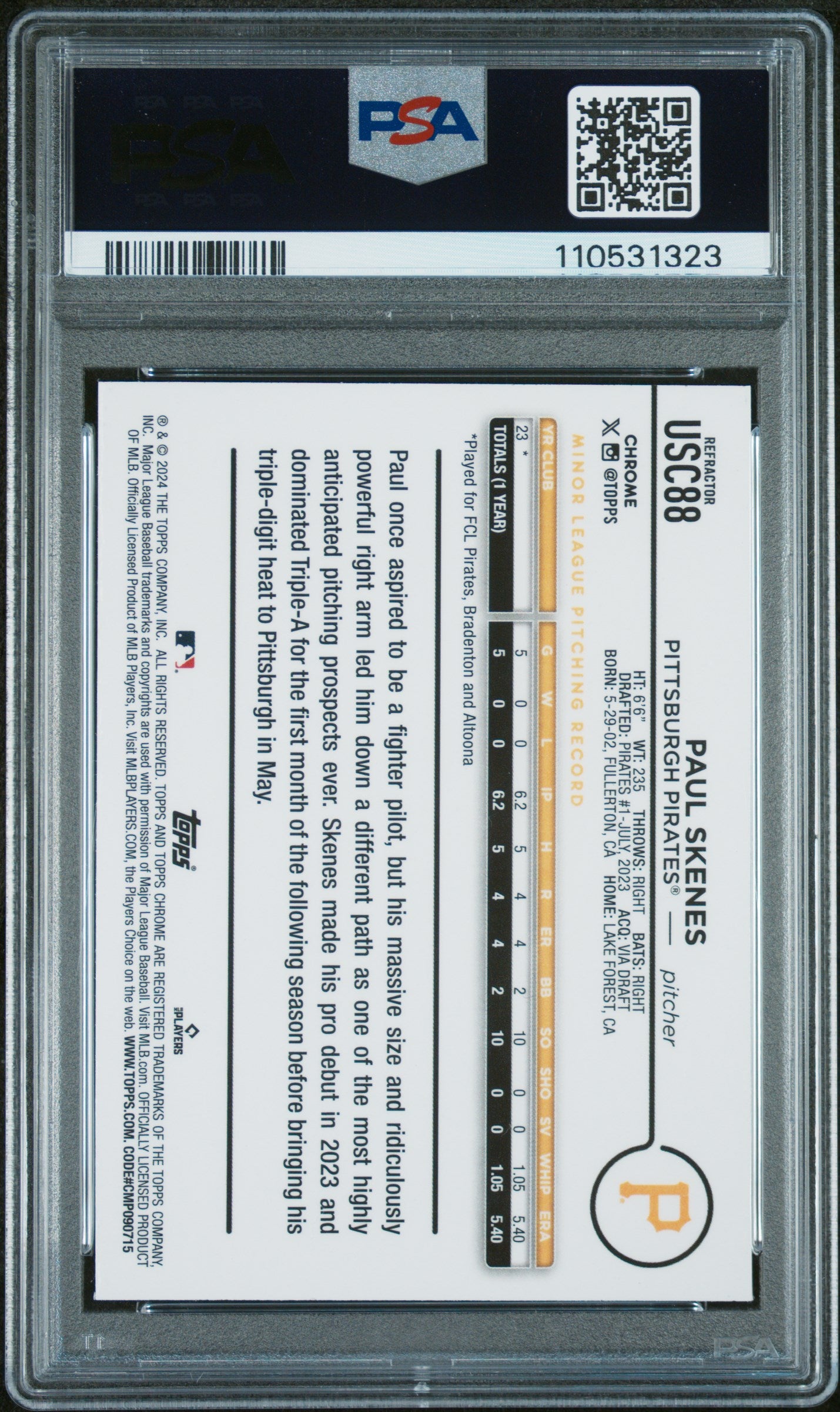 2024 Topps Chrome Update #USC88 Paul Skenes Prism Refractor PSA 9
