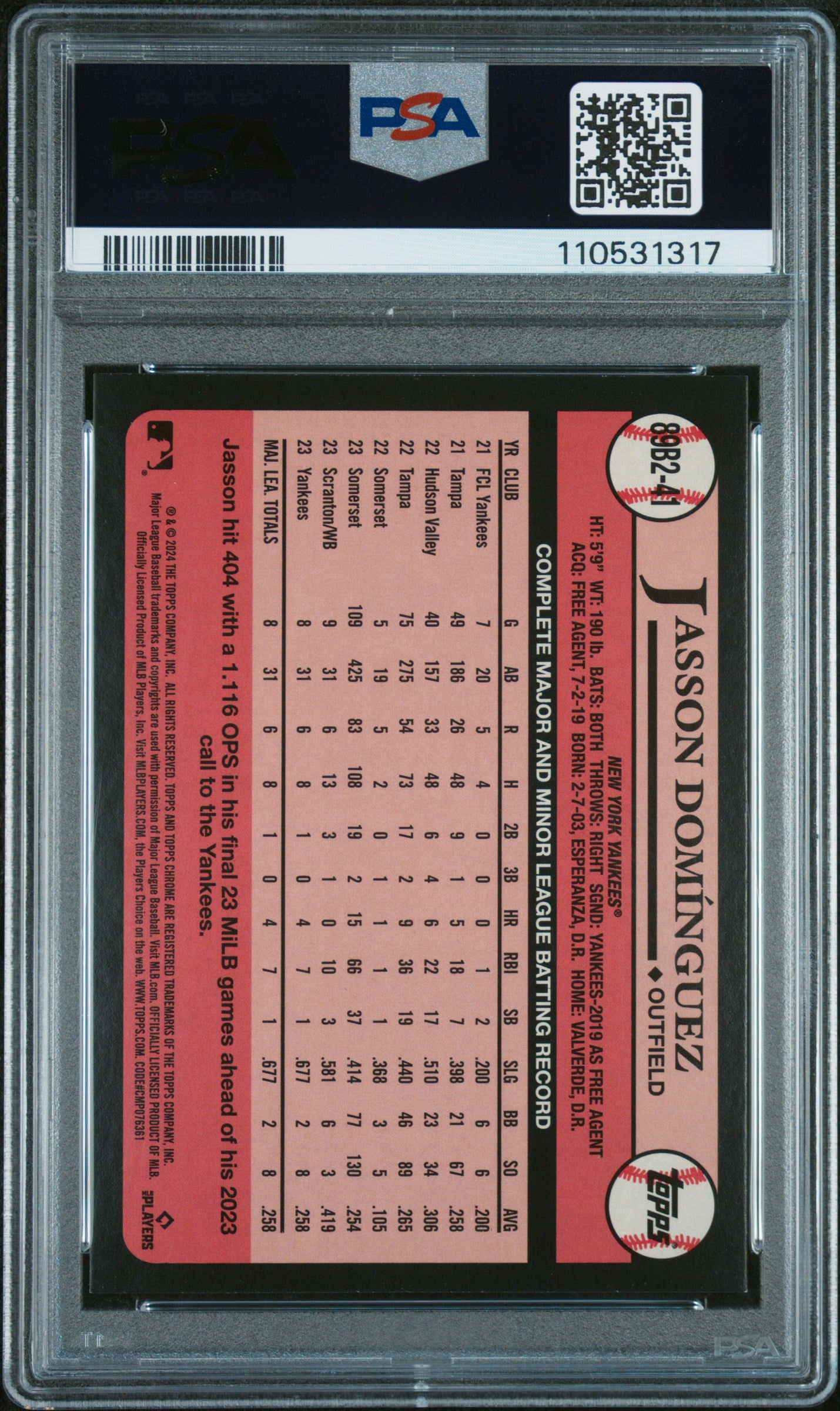 2024 Topps 1989 Topps Baseball #89B2-41 Jasson Dominguez 1989 Topps-Foil PSA 9