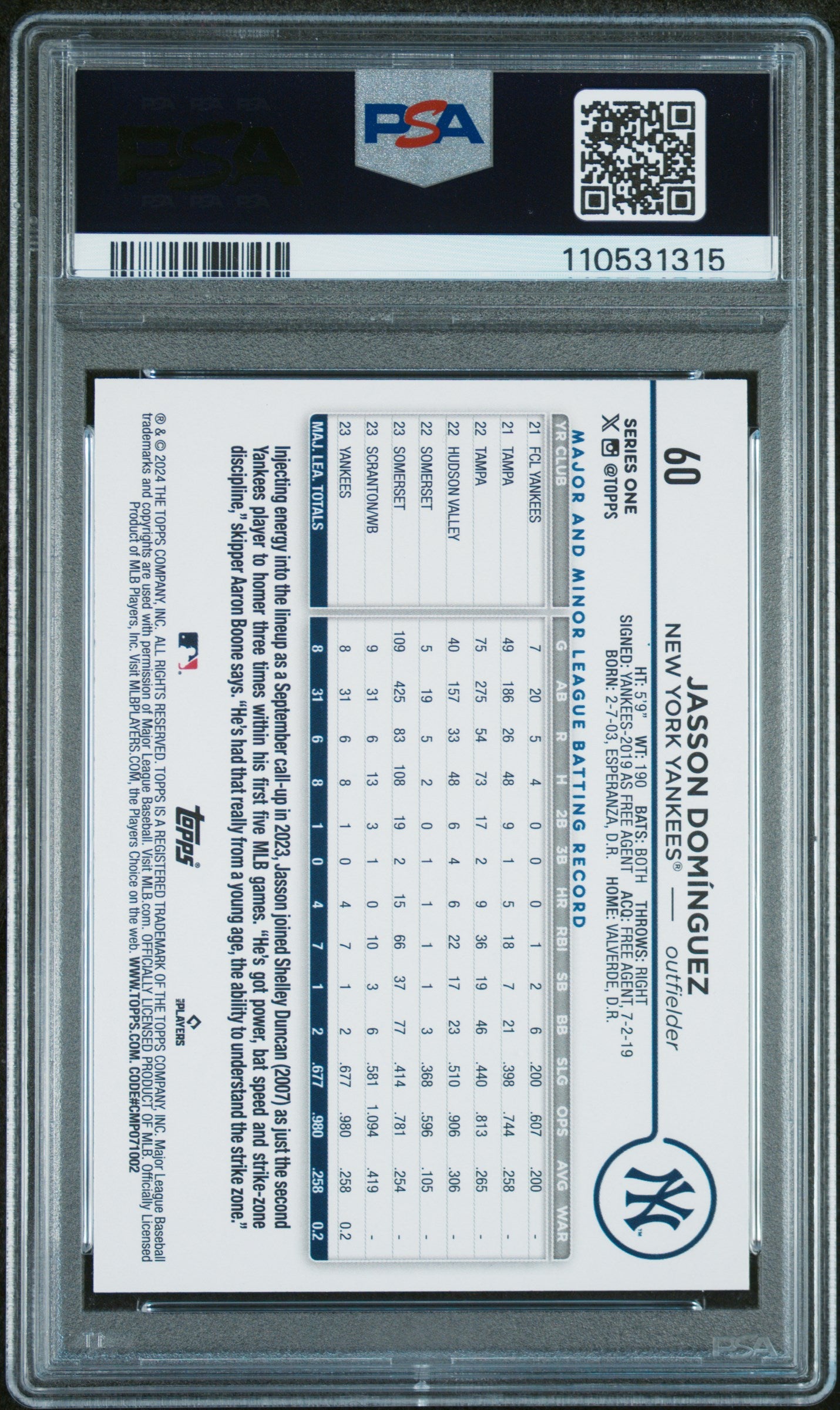 2024 Topps #60 Jasson Dominguez Rainbow Foil PSA 9