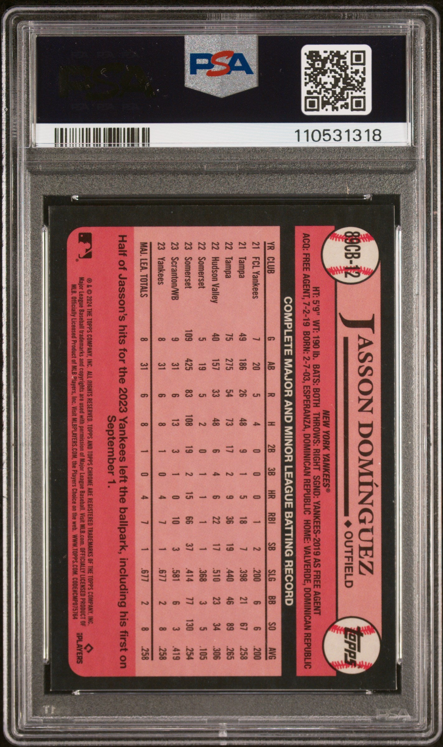 2024 Topps Chrome 1989 Topps Baseball #12 Jasson Dominguez PSA 9