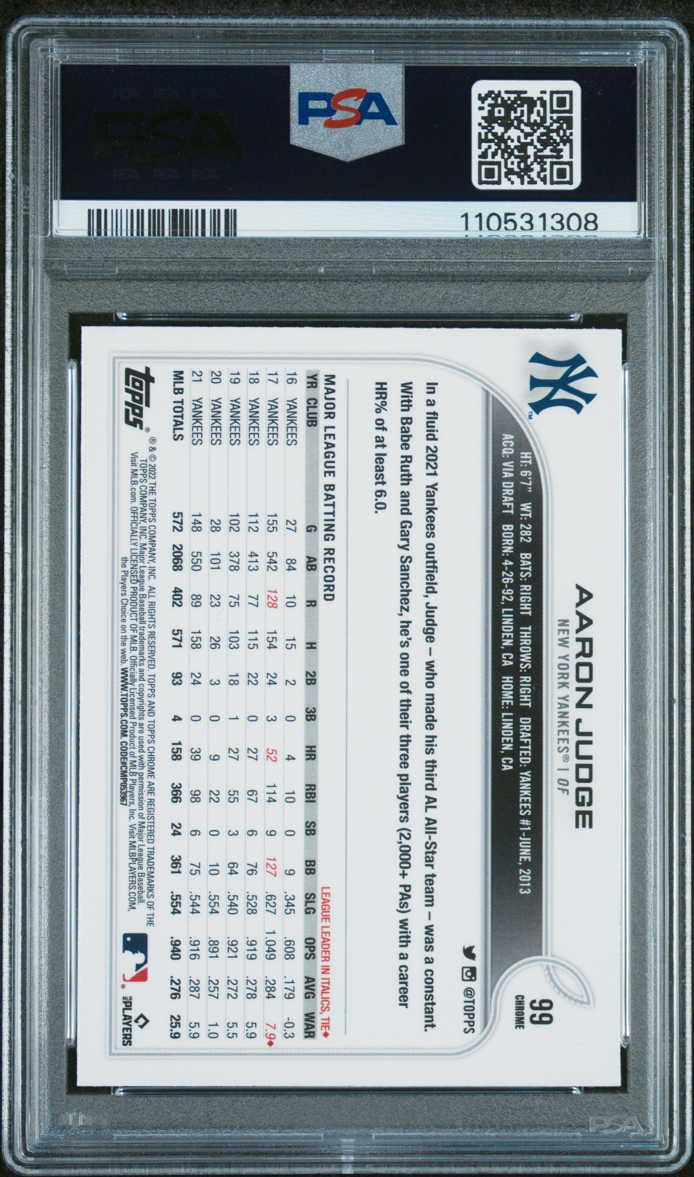 2022 Topps Chrome #99 Aaron Judge Sepia Refractor PSA 9