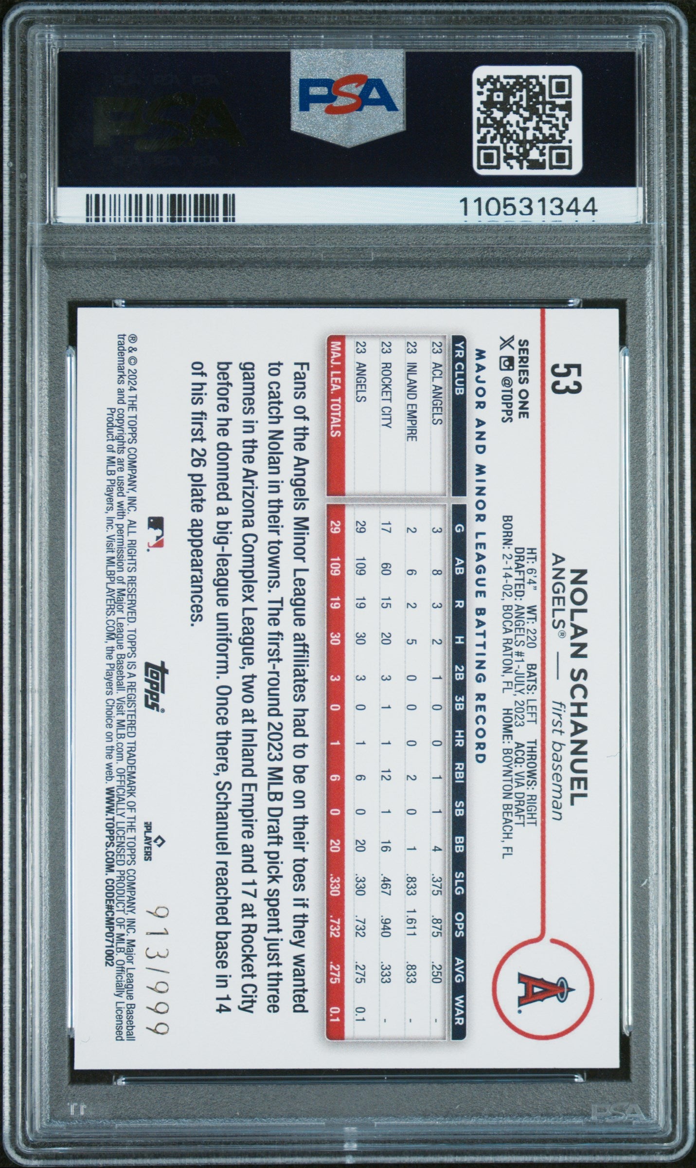 2024 Topps #53 Nolan Schanuel Blue Foil PSA 9