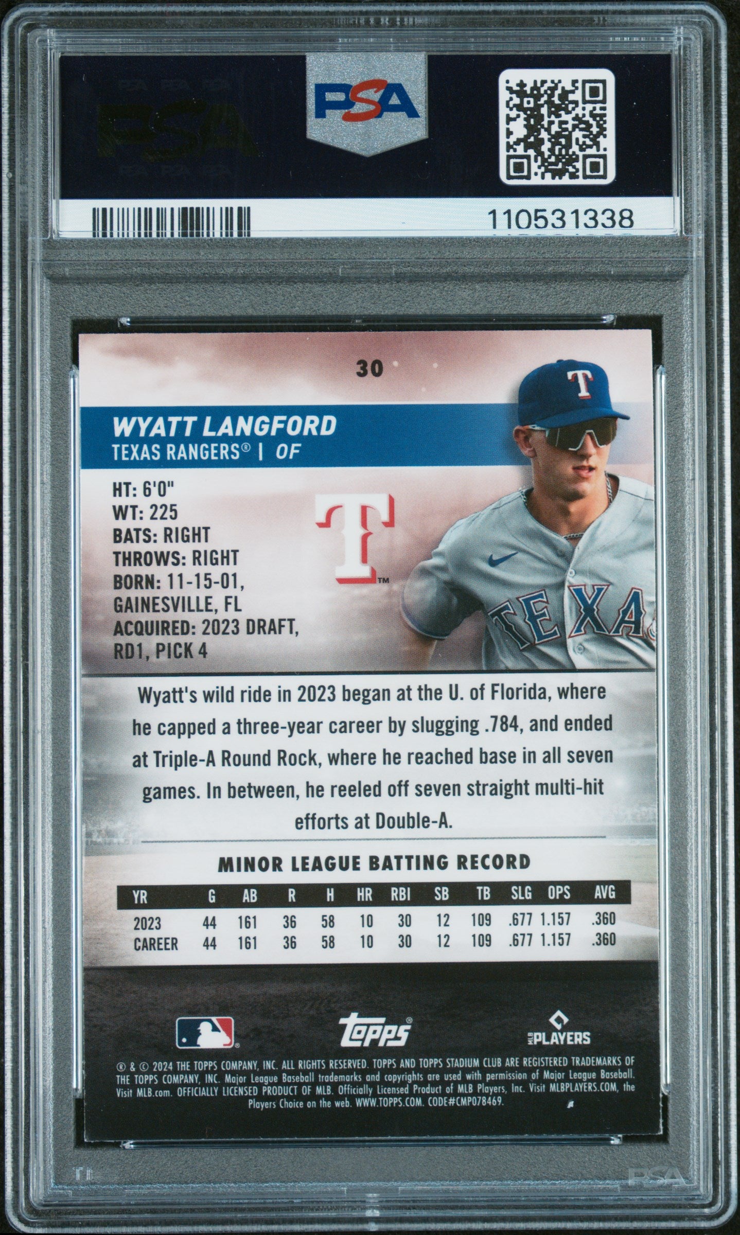 2024 Topps Stadium Club #30 Wyatt Langford Chrome PSA 9