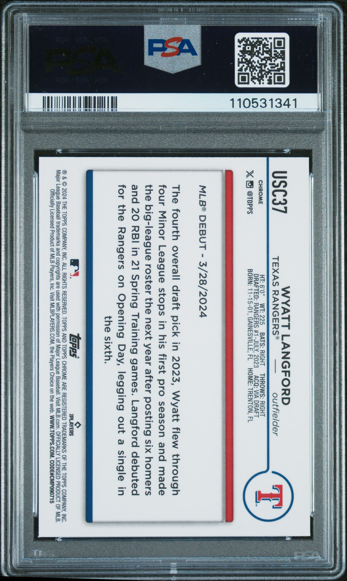 2024 Topps Chrome Update #USC37 Wyatt Langford X-Fractor PSA 9