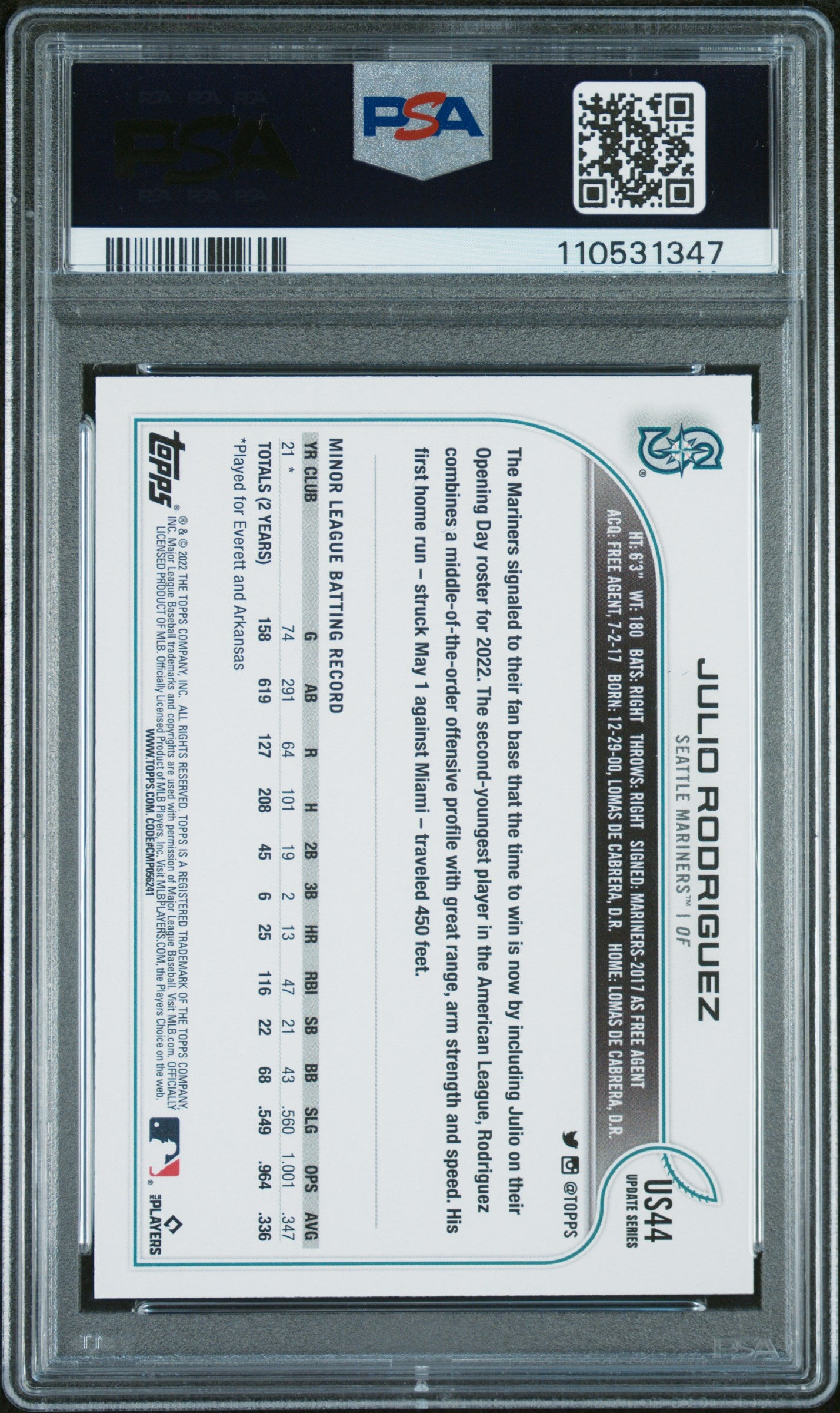 2022 Topps Update #US44 Julio Rodriguez PSA 9