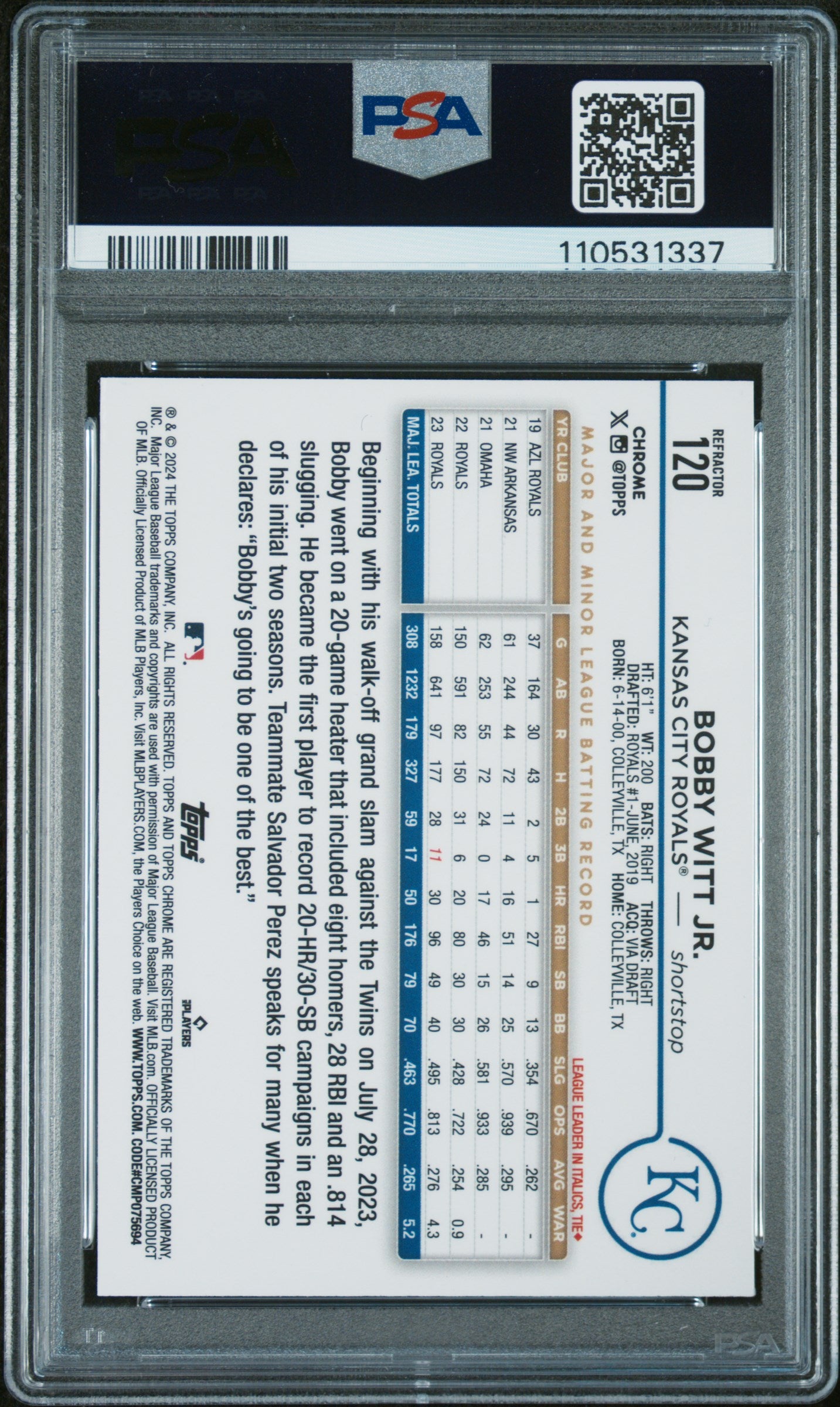 2024 Topps Chrome #120 Bobby Witt Jr. Refractor PSA 9