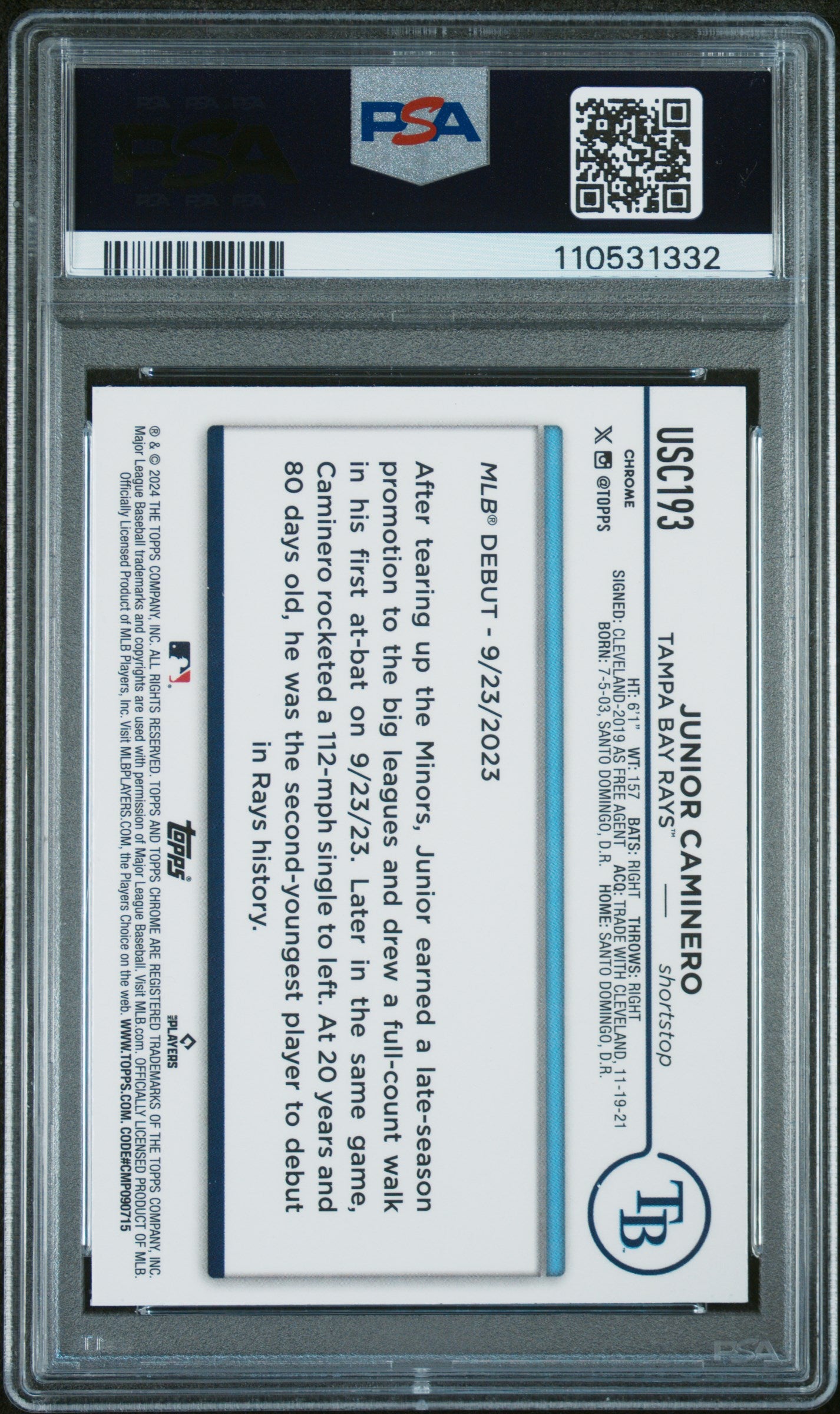 2024 Topps Chrome Update #USC193 Junior Caminero X-Fractor PSA 10