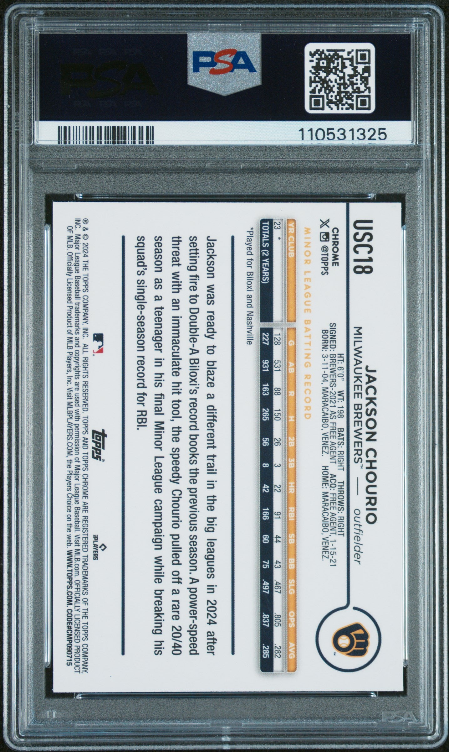 2024 Topps Chrome Update #USC18 Jackson Chourio X-Fractor PSA 10