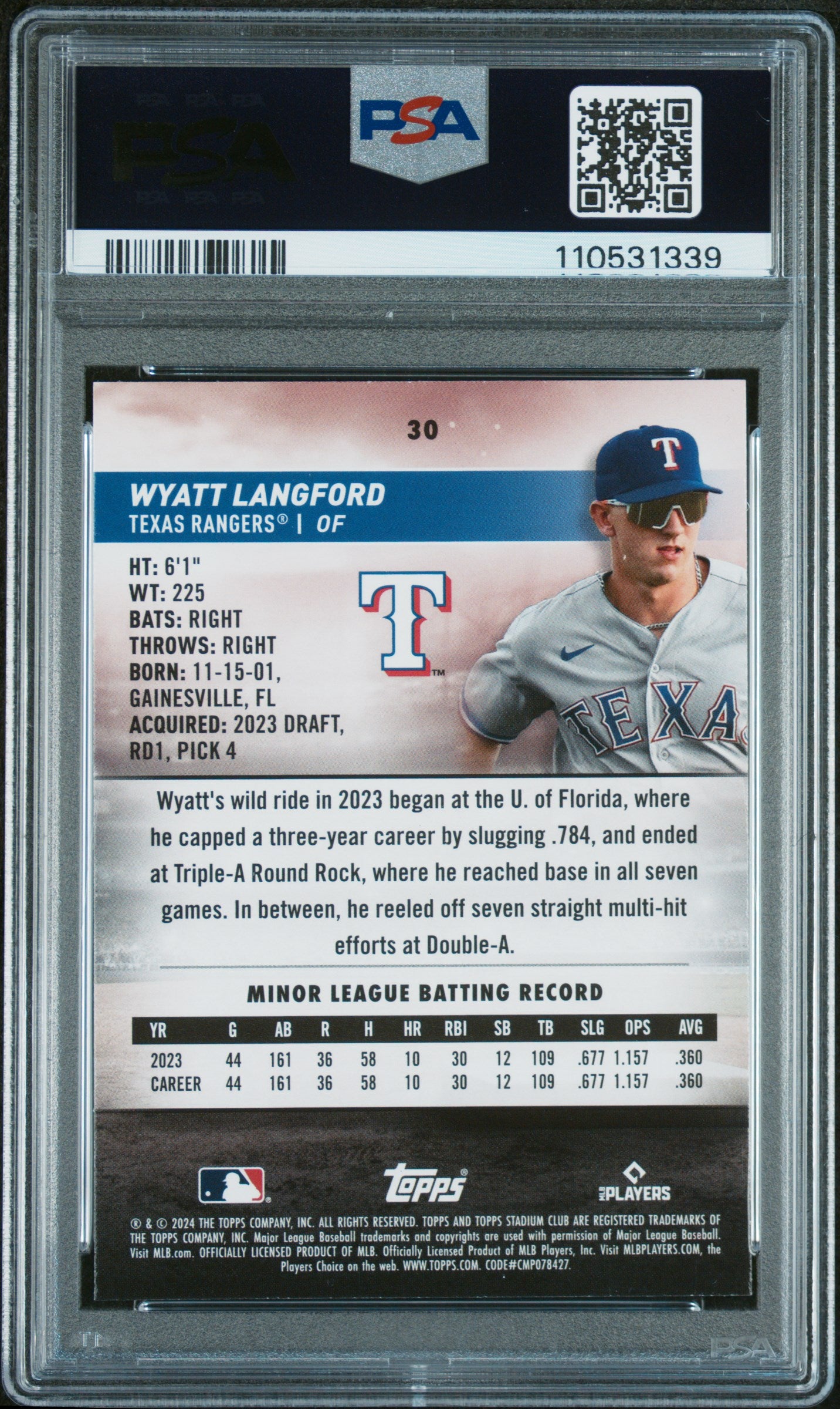 2024 Topps Stadium Club #30 Wyatt Langford Red Foil PSA 10