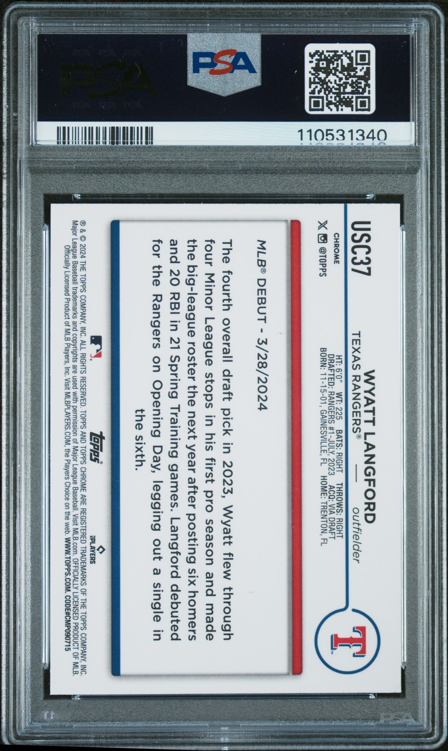 2024 Topps Chrome Update #USC37 Wyatt Langford X-Fractor PSA 10