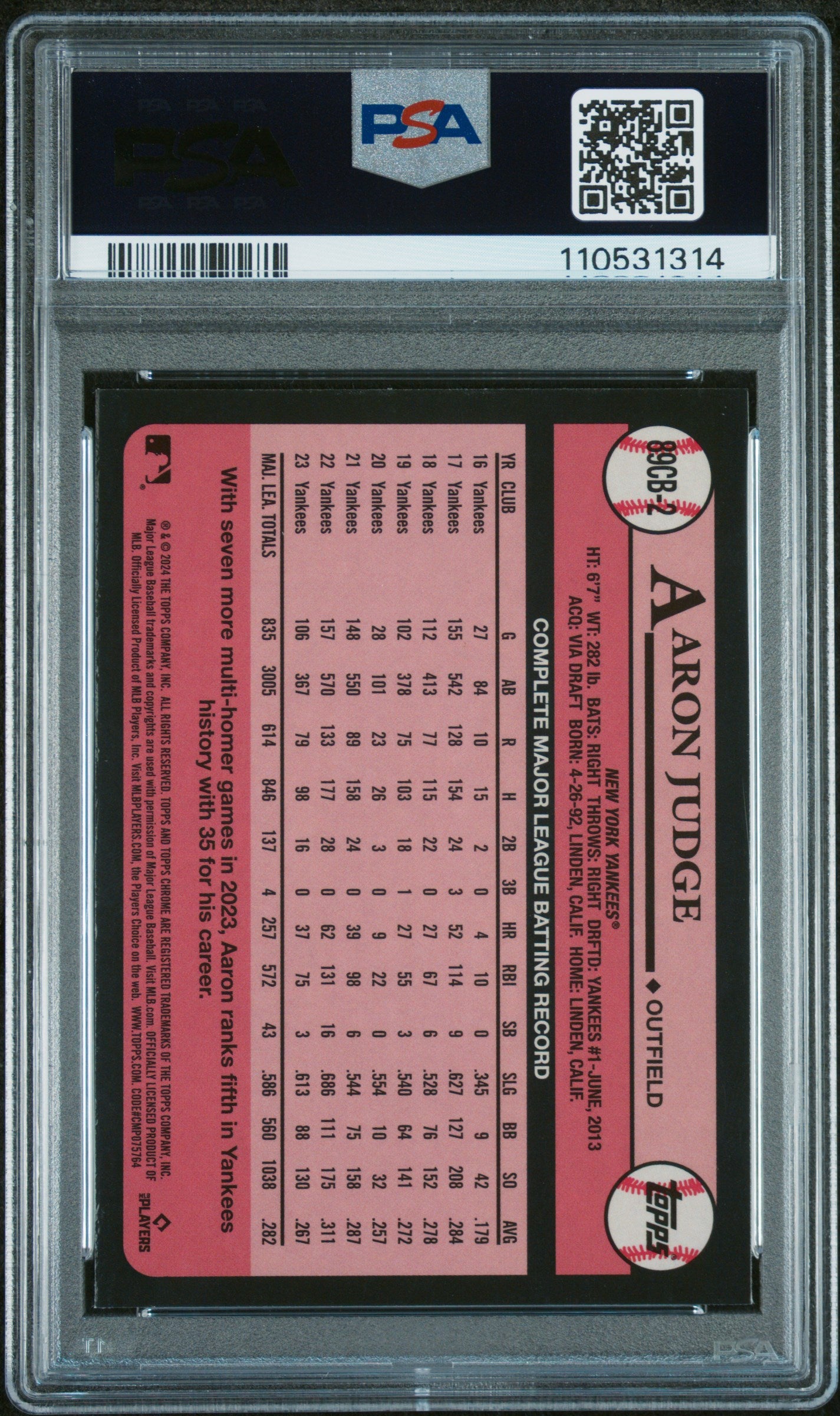 2024 Topps Chrome 1989 Topps Baseball #2 Aaron Judge PSA 10